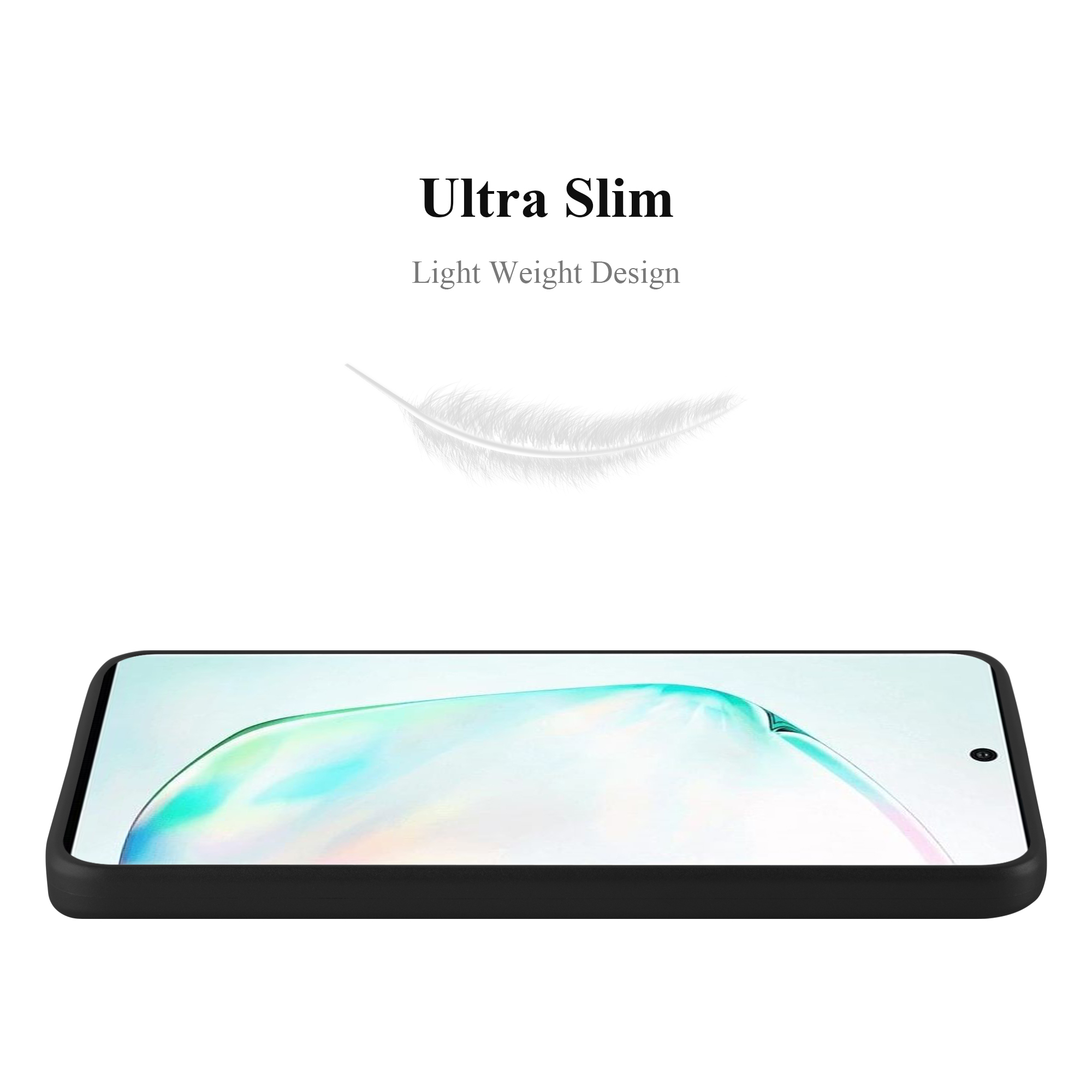 Viene mostrata una custodia per telefono nera, con una grafica a forma di piuma e le parole "Ultra Slim, Light Weight Design" sopra.