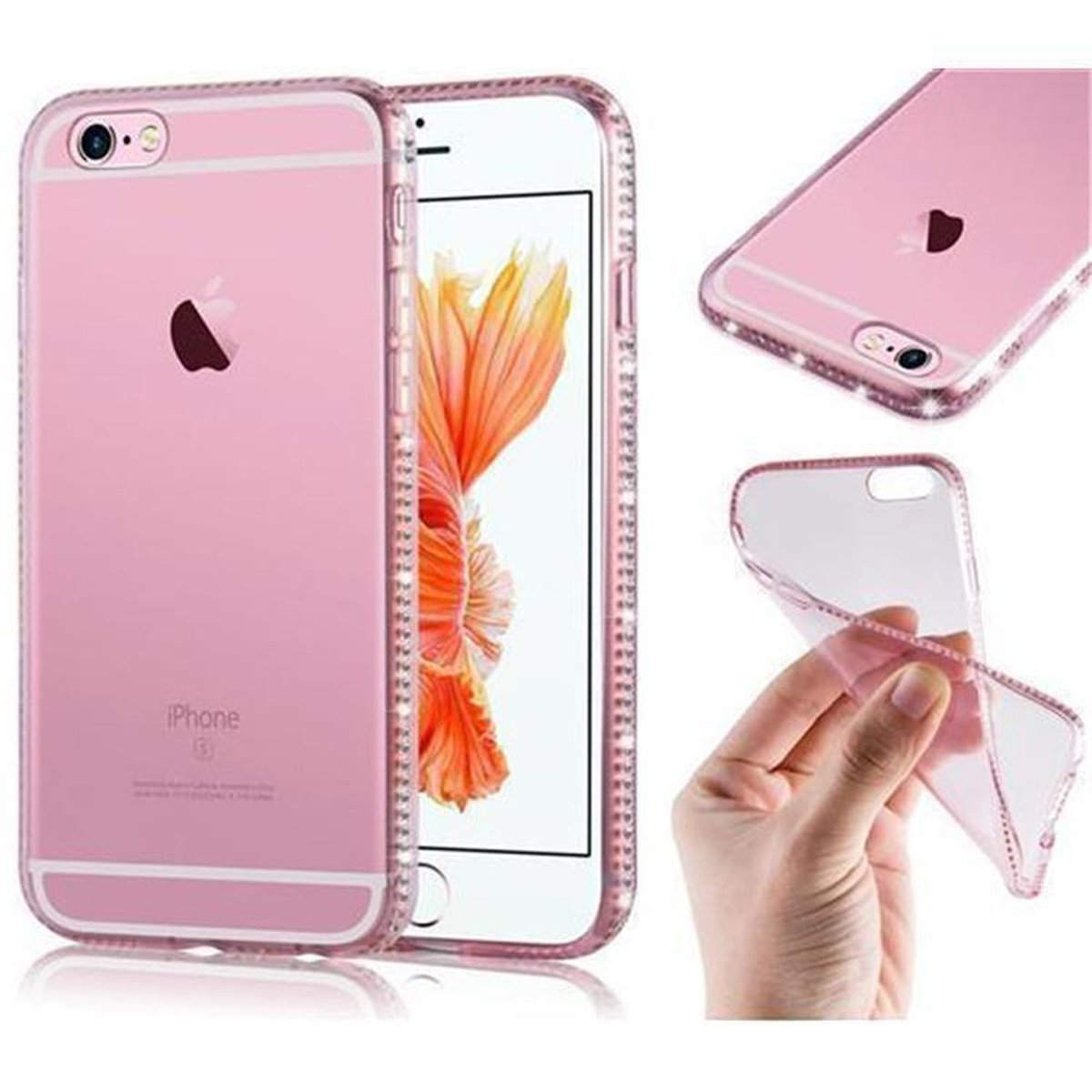 Pinkes Telefon mit einer pinken, mit Juwelen besetzten Hülle. Die Hülle zeigt das Apple-Logo und Telefondetails.