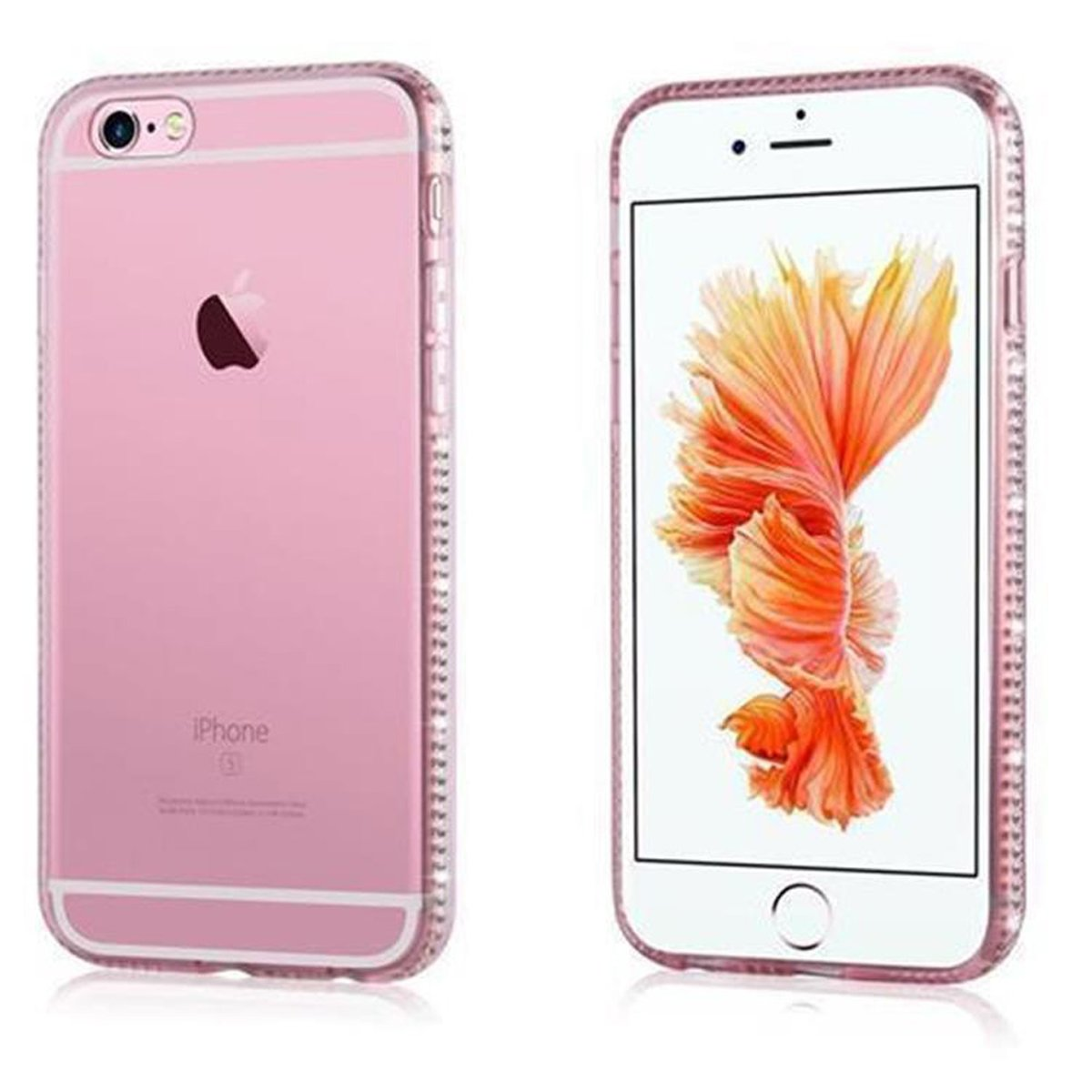 Ein pinkfarbenes iPhone in einer transparenten Hülle mit Strasssteinen am Rand. Der Bildschirm zeigt ein Blumendesign.