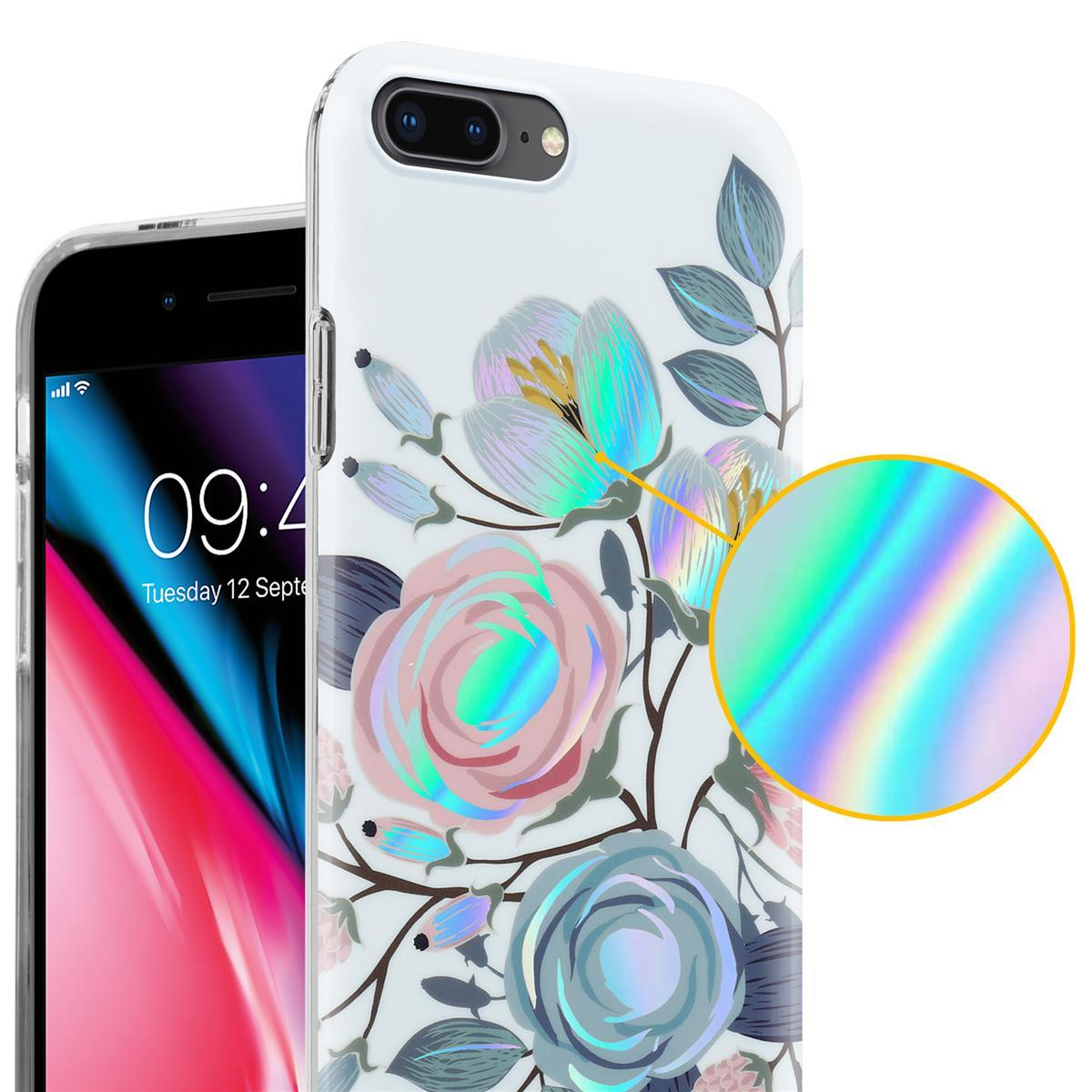 Handyhülle mit floralem Design. Das Telefon ist darin, neben einem anderen Telefon, mit vergrößertem Detail.