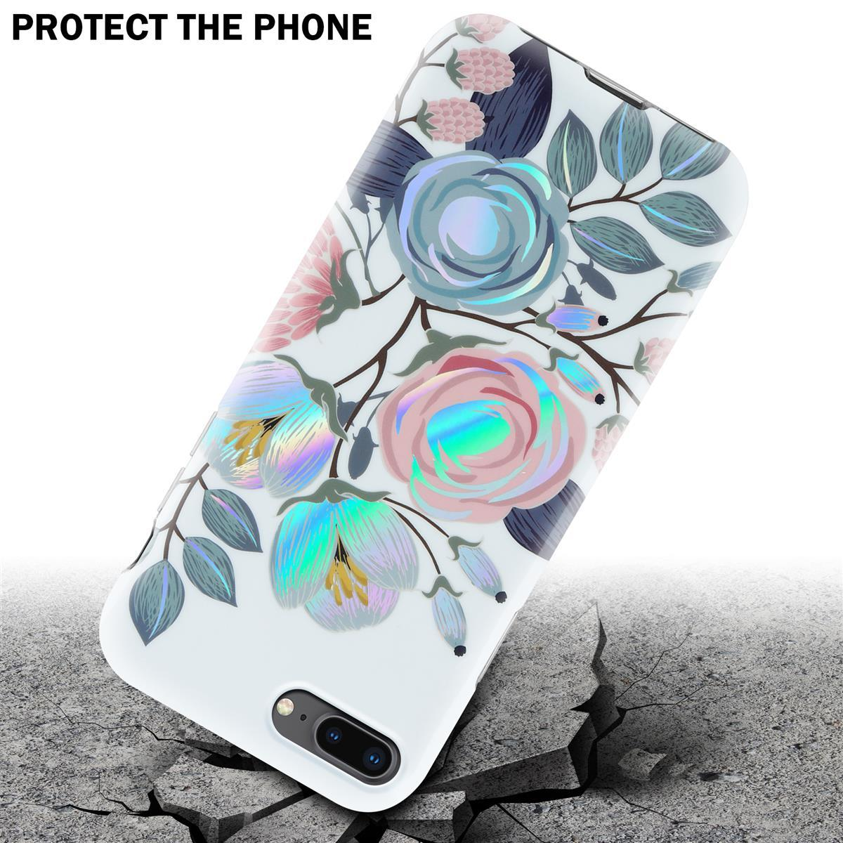 Weiße Handyhülle mit floralem Design, das Telefon liegt auf einer rissigen Oberfläche.