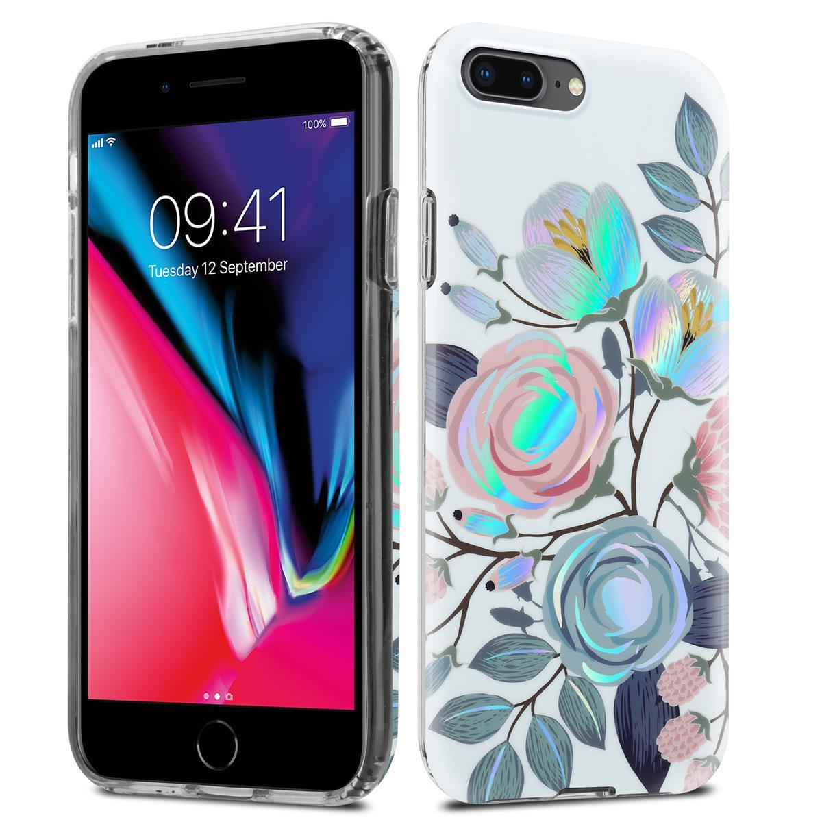 Zwei Telefone mit floralen Hüllen. Das linke Telefon zeigt einen Bildschirm. Die rechte Hülle hat Blumen.