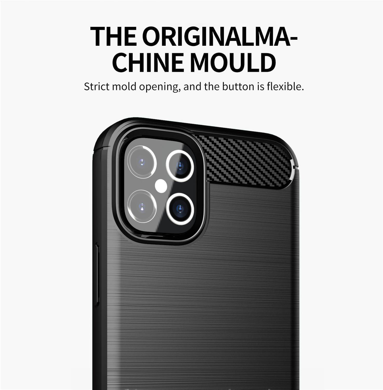 Primo piano di una custodia per telefono. La custodia è nera e ha un retro strutturato con fori per la fotocamera.
