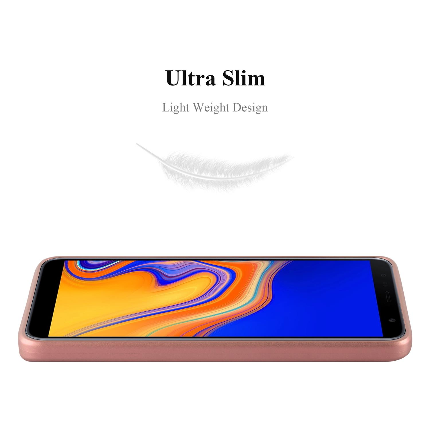 Un telefono su una custodia rosa, con schermo blu e un simbolo di piuma bianca.