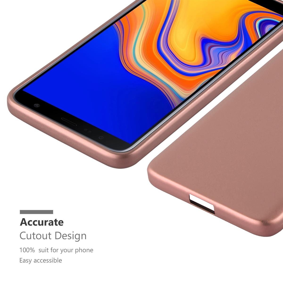 Primo piano di una custodia per telefono in oro rosa e un telefono. La custodia è tagliata per un accesso accurato.