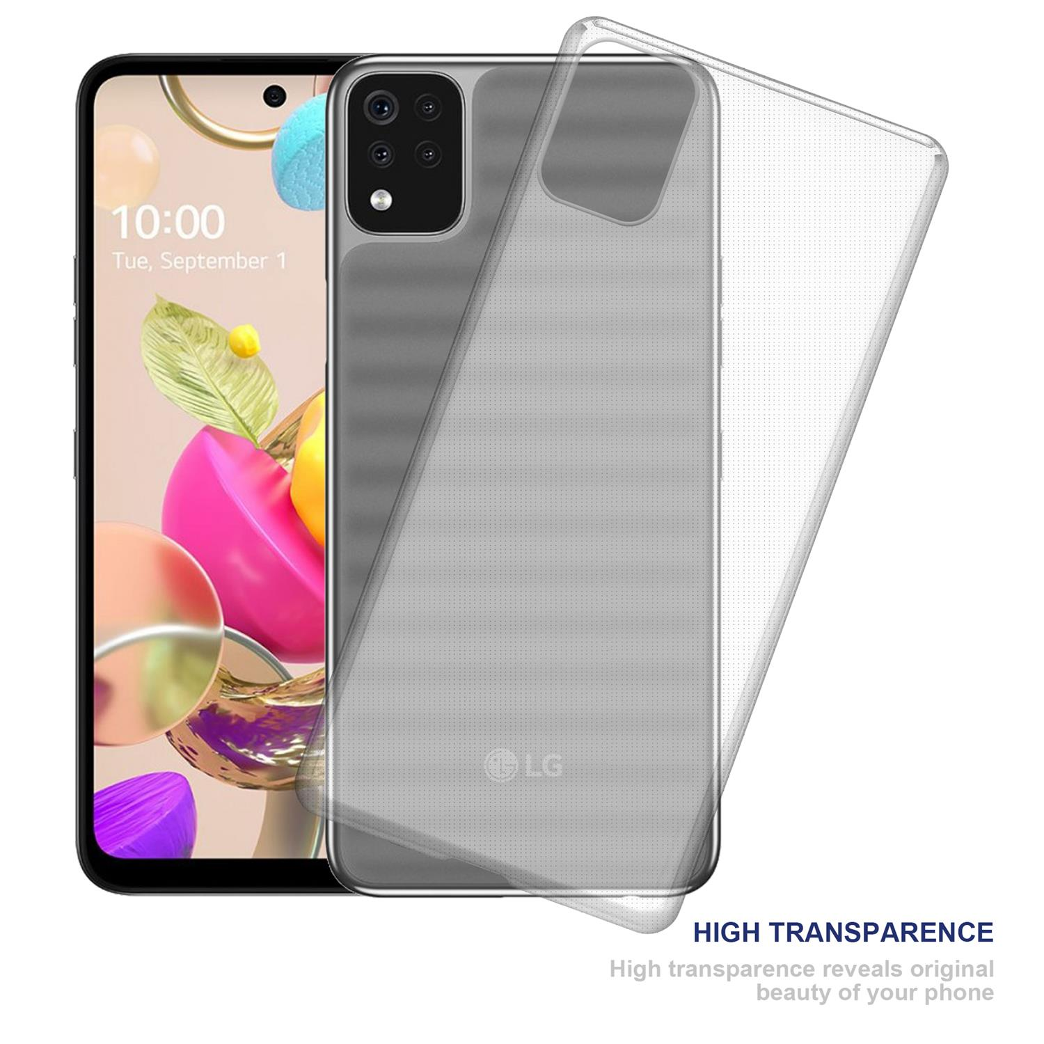 Ein Telefon und eine transparente Handyhülle, mit Text über hohe Transparenz.