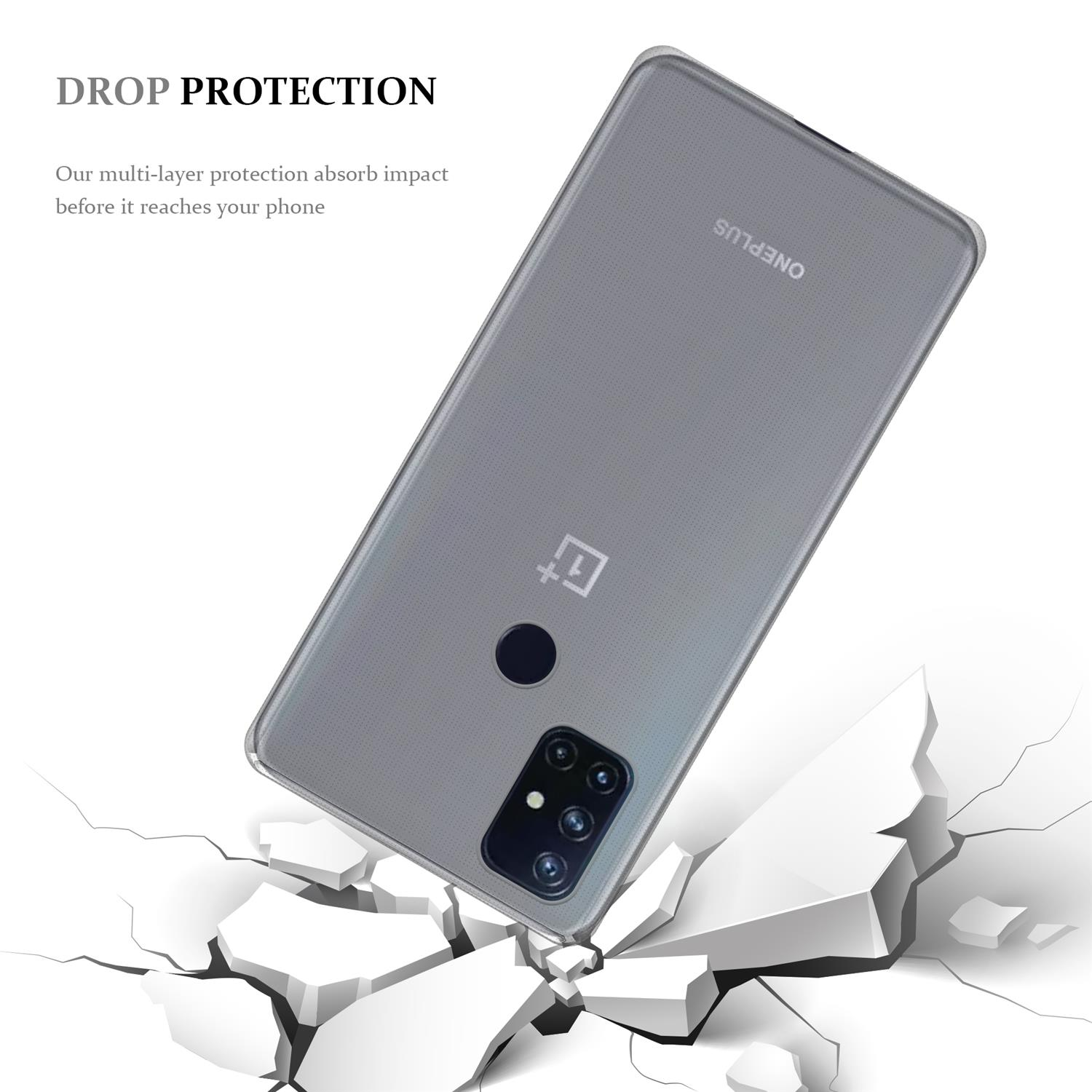 Custodia trasparente su superficie rotta con testo: Drop Protection.