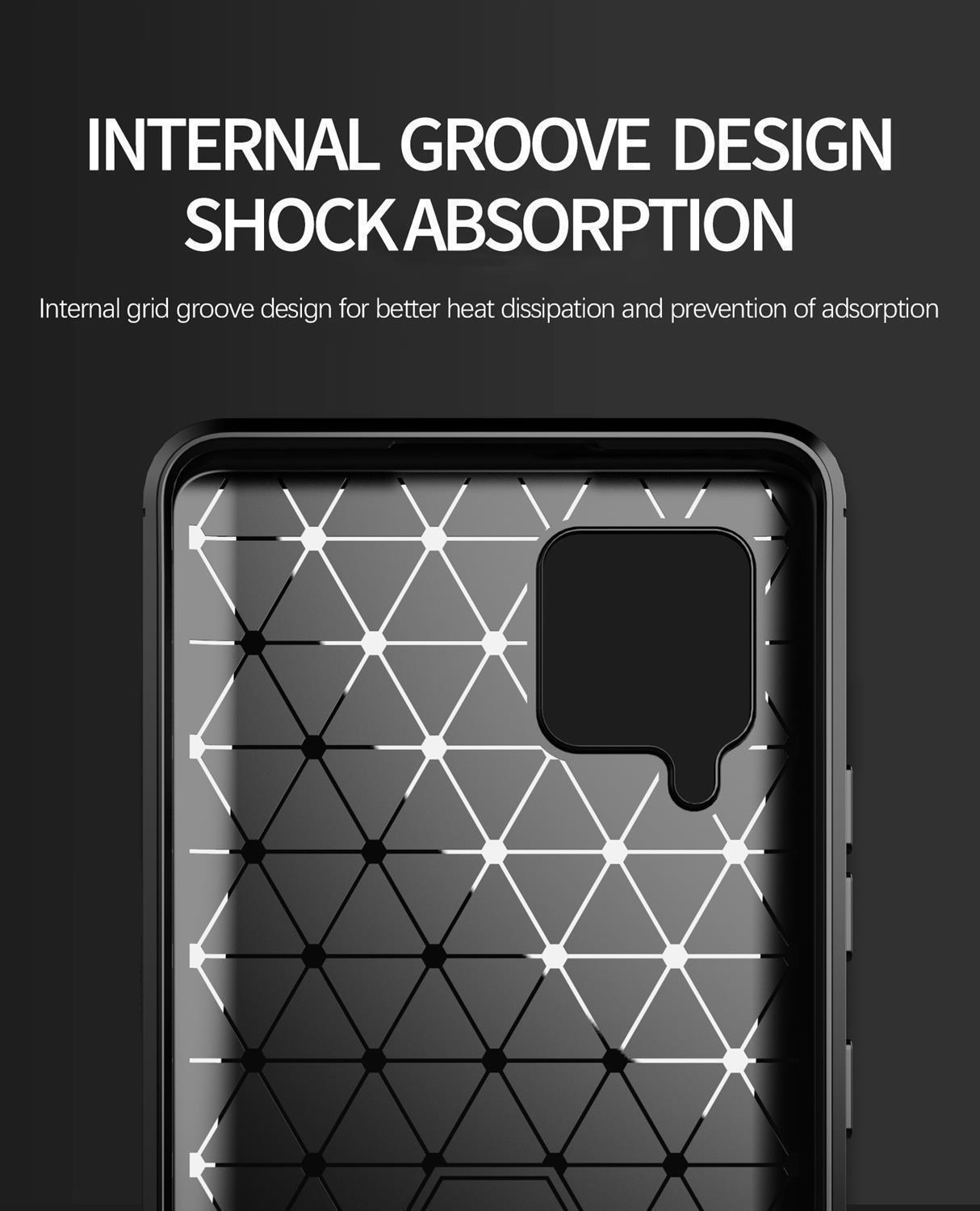 Custodia nera con design a griglia interna, primo piano.