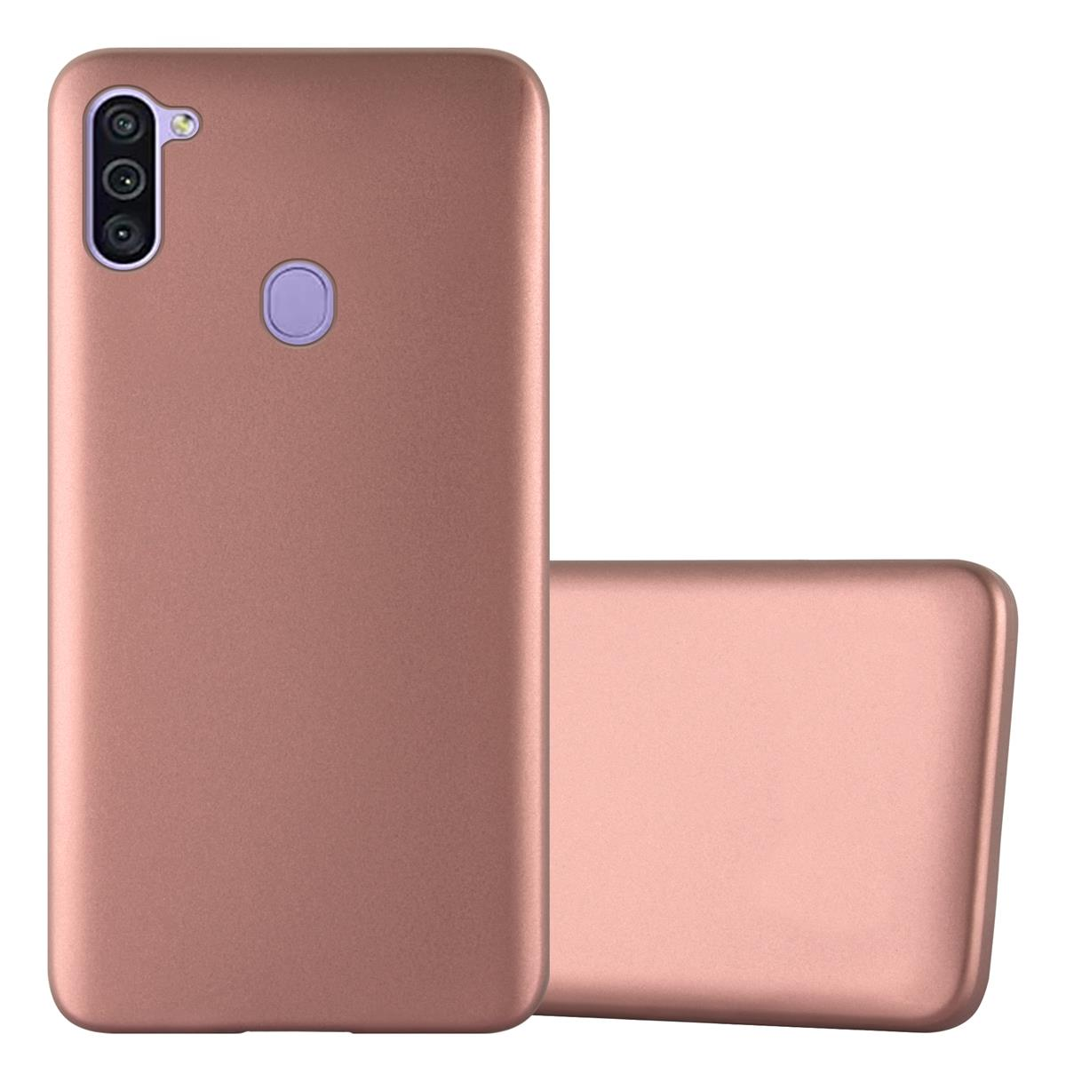 Zwei roségoldene Handyhüllen. Eine aufrecht, die andere liegend. Beide zeigen Kameraausschnitte und ein glattes Finish.