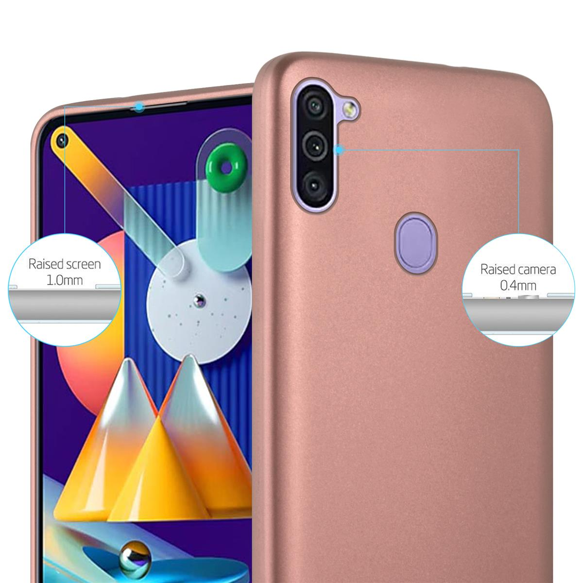 Eine roségoldene Handyhülle mit einem Telefon darin. Der Hintergrund ist schlicht weiß.