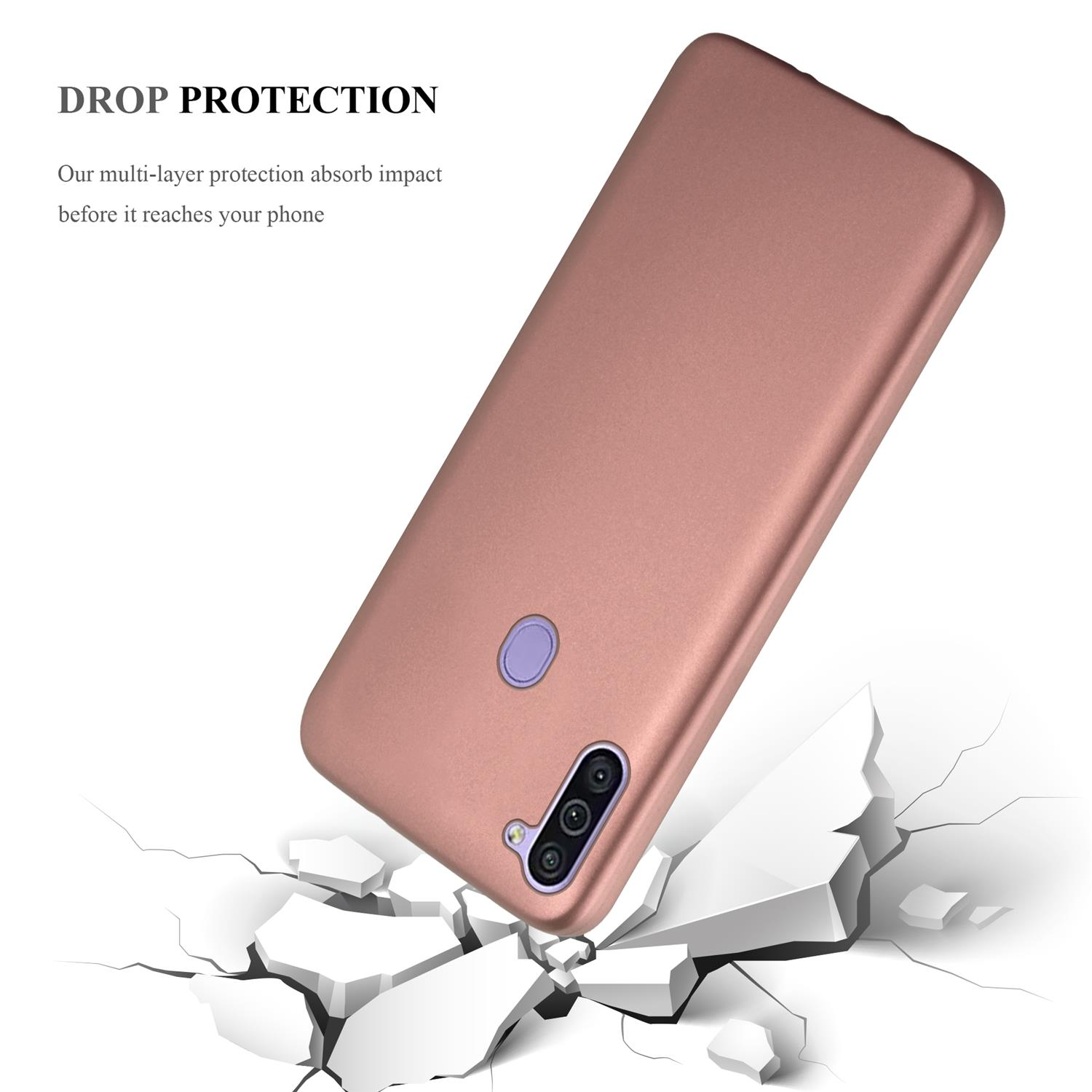 Eine rosa Handyhülle wird auf eine zerbrochene Oberfläche fallen gelassen. Der Text lautet 'DROP PROTECTION'.