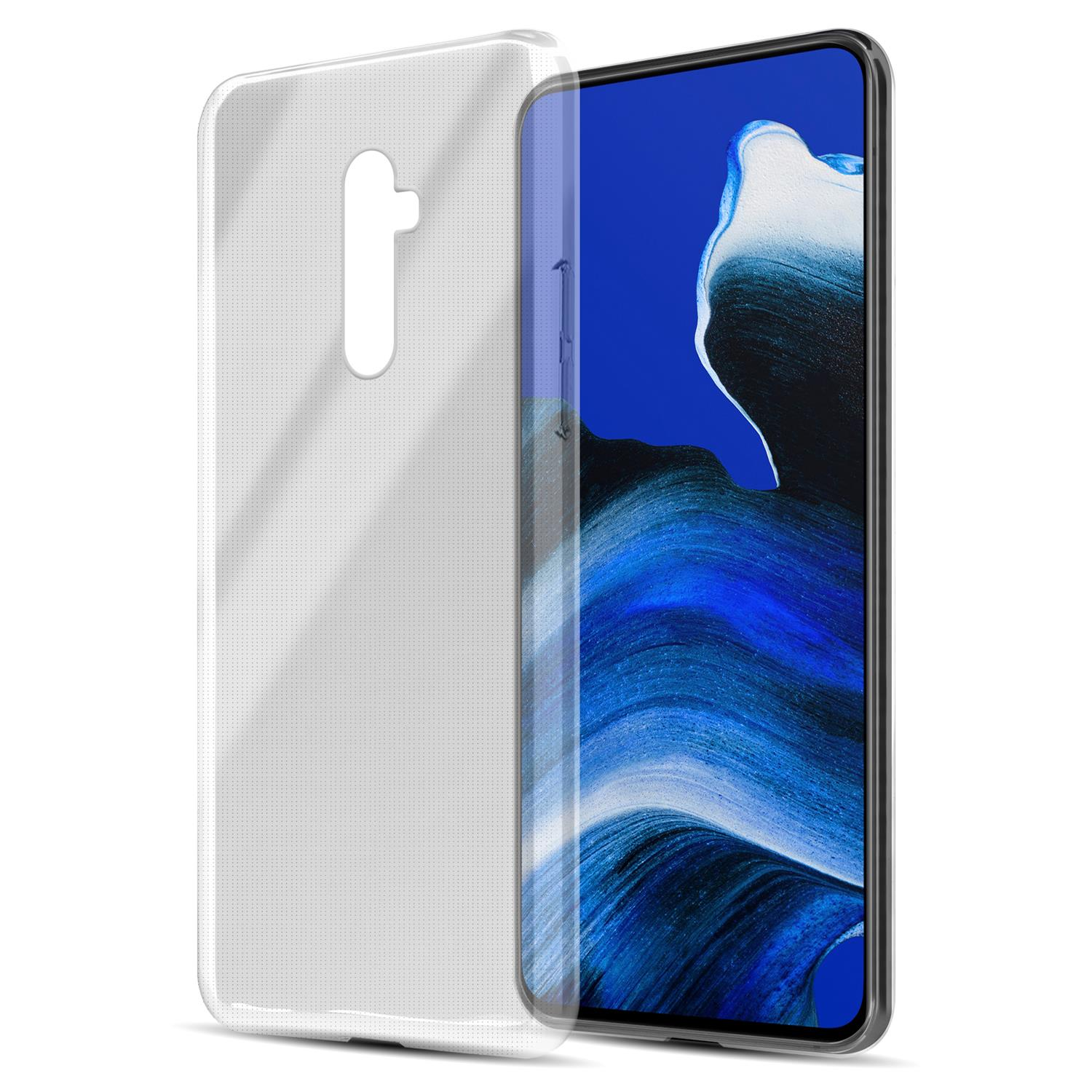 Transparente Handyhülle neben einem Telefon mit blauem und weißem Abstraktem Hintergrund.