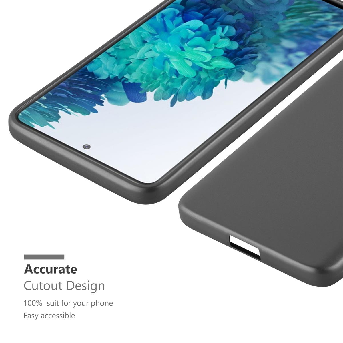 Handyhülle mit Telefon. Text: Präzises Ausschnittdesign. Die Hülle ist schwarz und das Telefon ist schwarz.