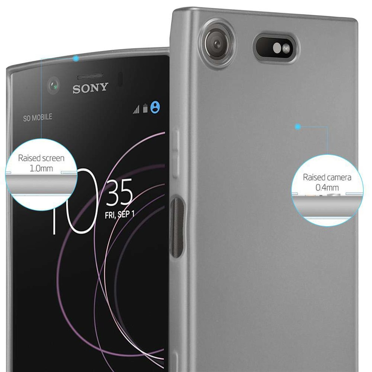 Una custodia grigia per telefono mostra la fotocamera e lo schermo. Lo schermo e la fotocamera sono rialzati.