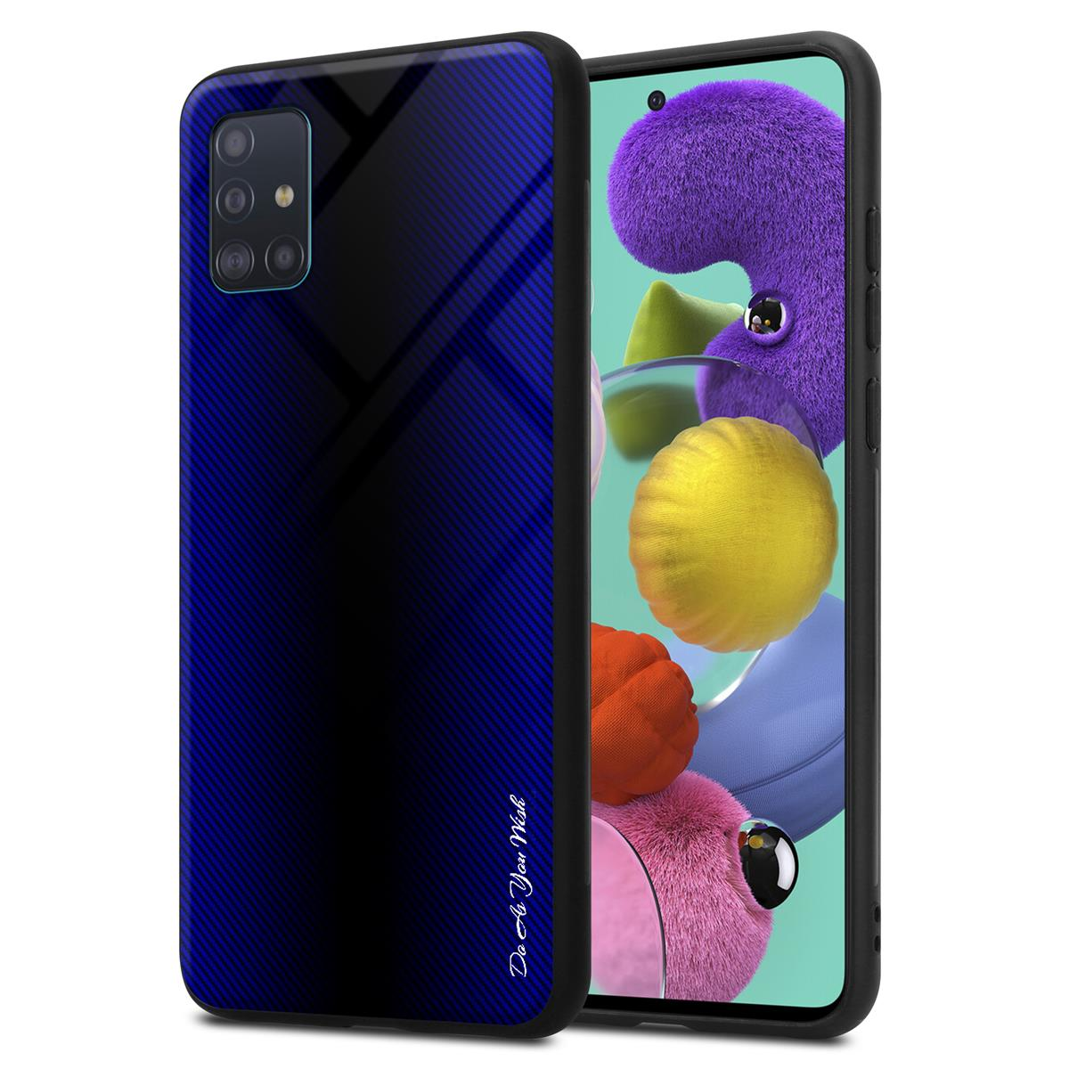Schwarze Handyhülle mit blauem Farbverlauf auf der Rückseite. Telefon mit farbenfrohem Bildschirm.