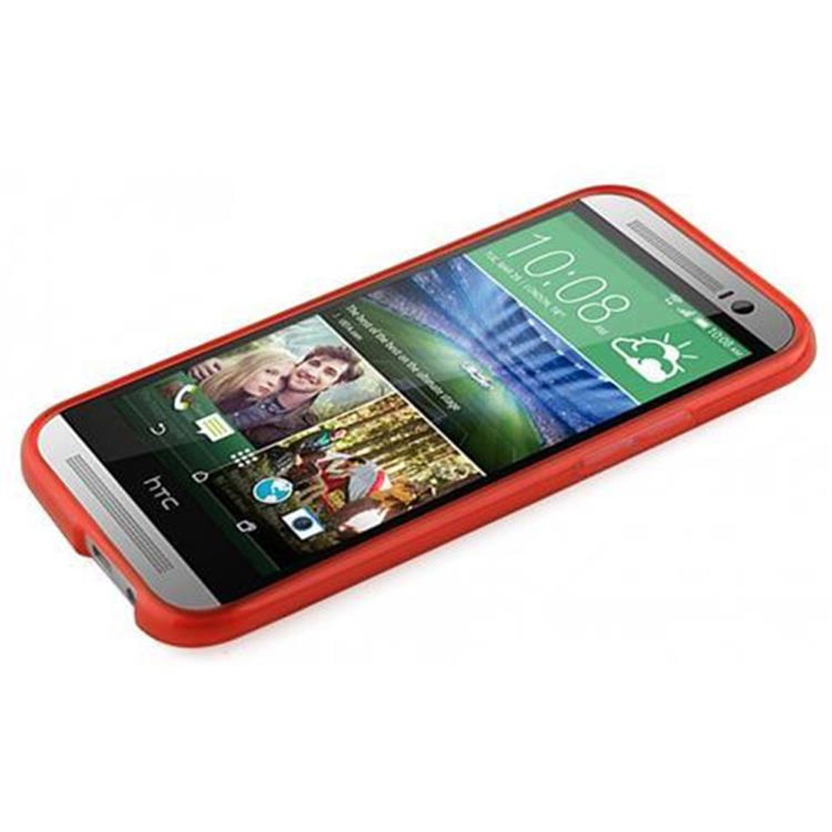 Telefono HTC in custodia rossa su sfondo bianco.