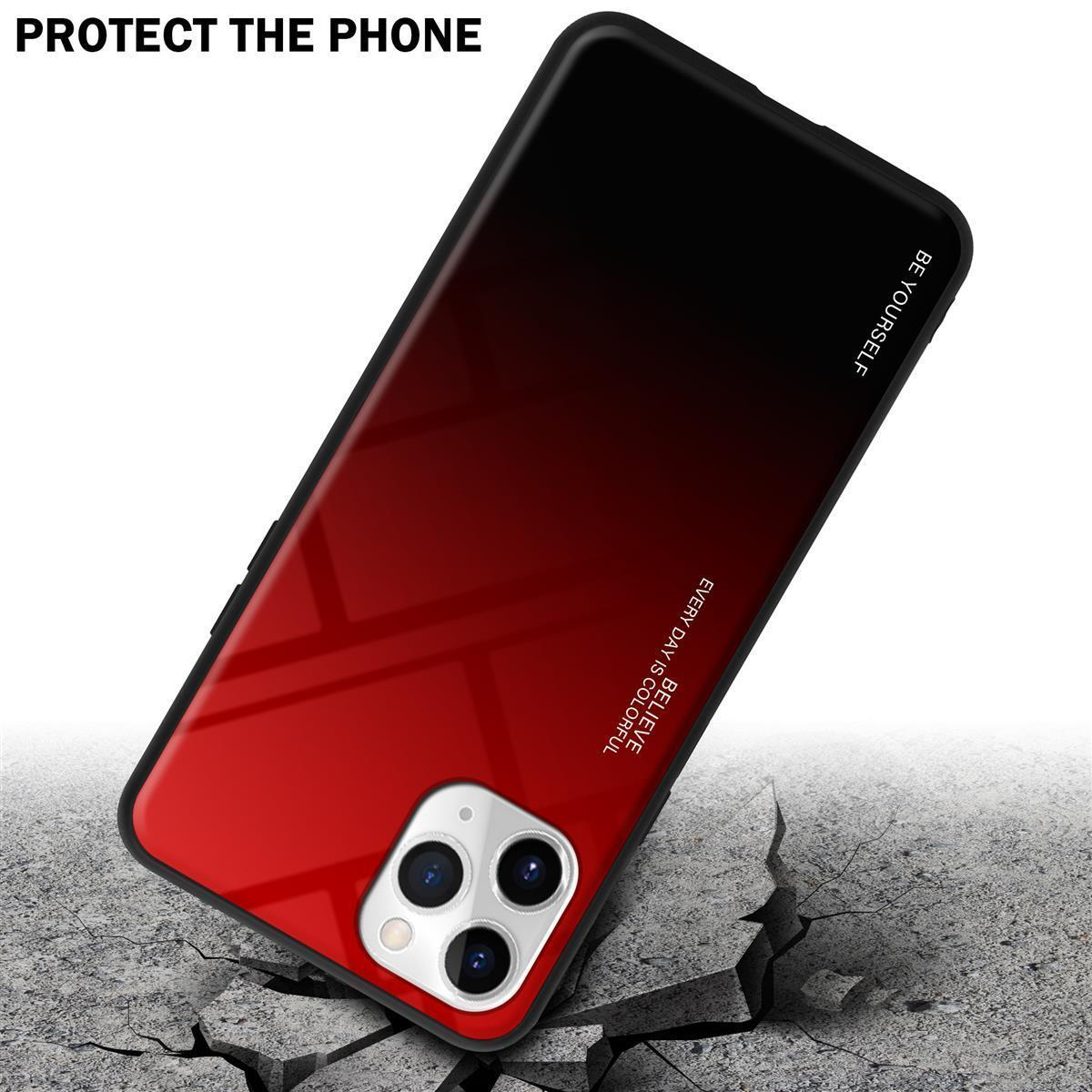 Custodia per telefono con sfumatura rossa e nera, su cemento crepato. Il testo dice 'Protect the phone'.
