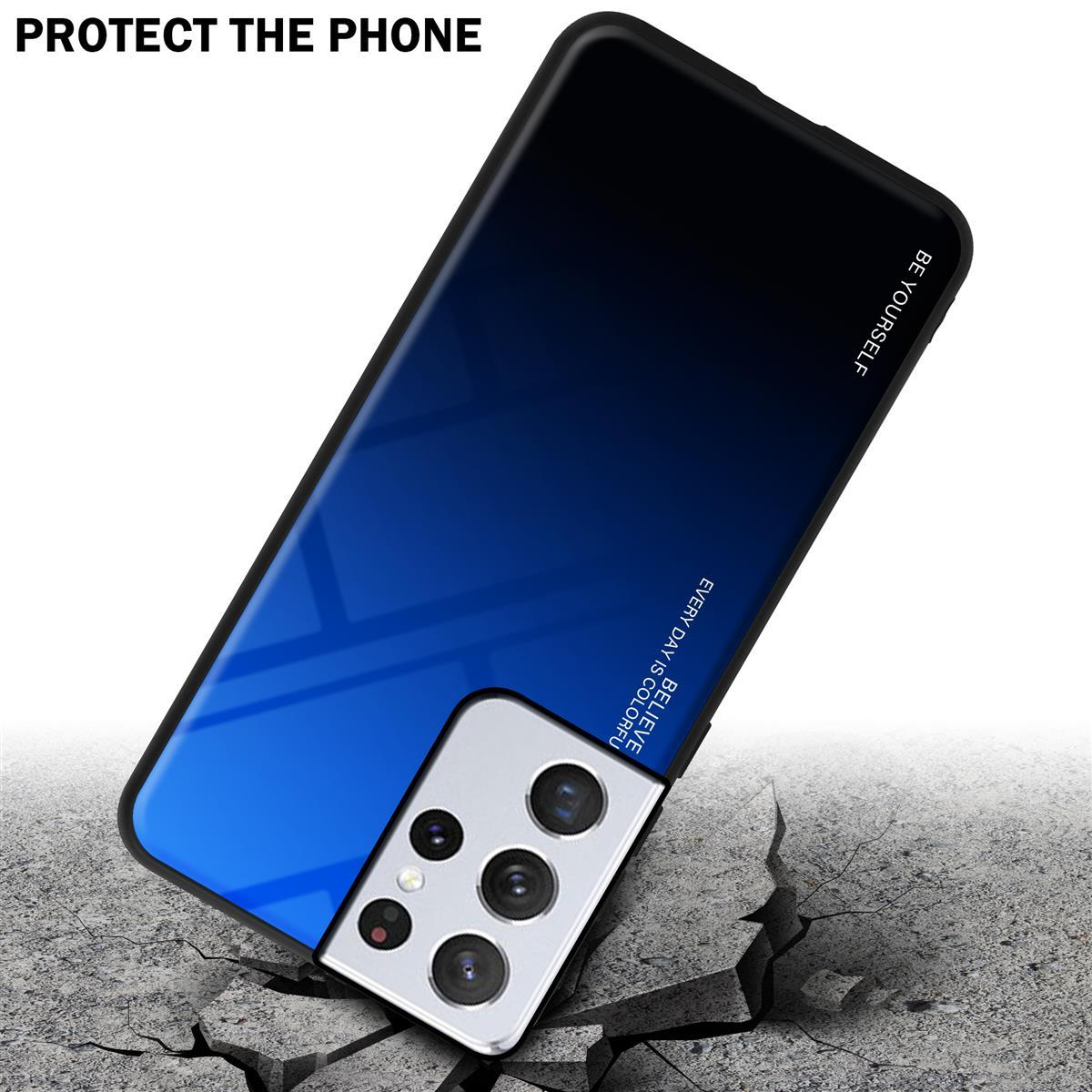 Custodia per telefono con gradiente blu e nero, terreno danneggiato.