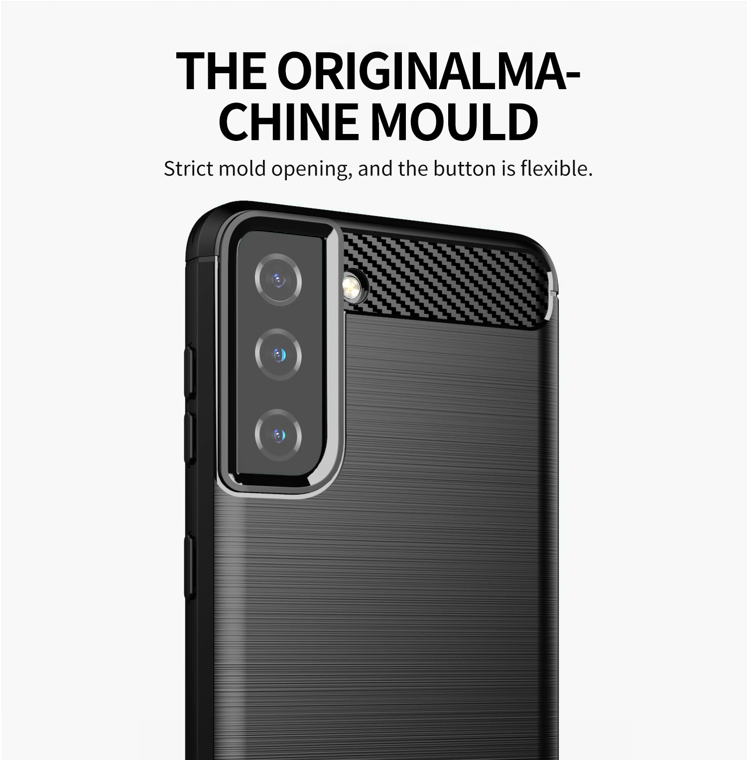 Custodia per telefono nera con retro strutturato e ritagli per la fotocamera. Il testo recita: The Original Machine Mould.