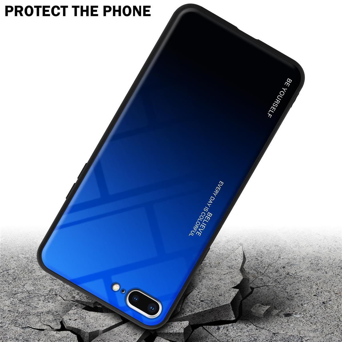 Telefono in una custodia sfumata blu e nera, appoggiato su una superficie crepata.