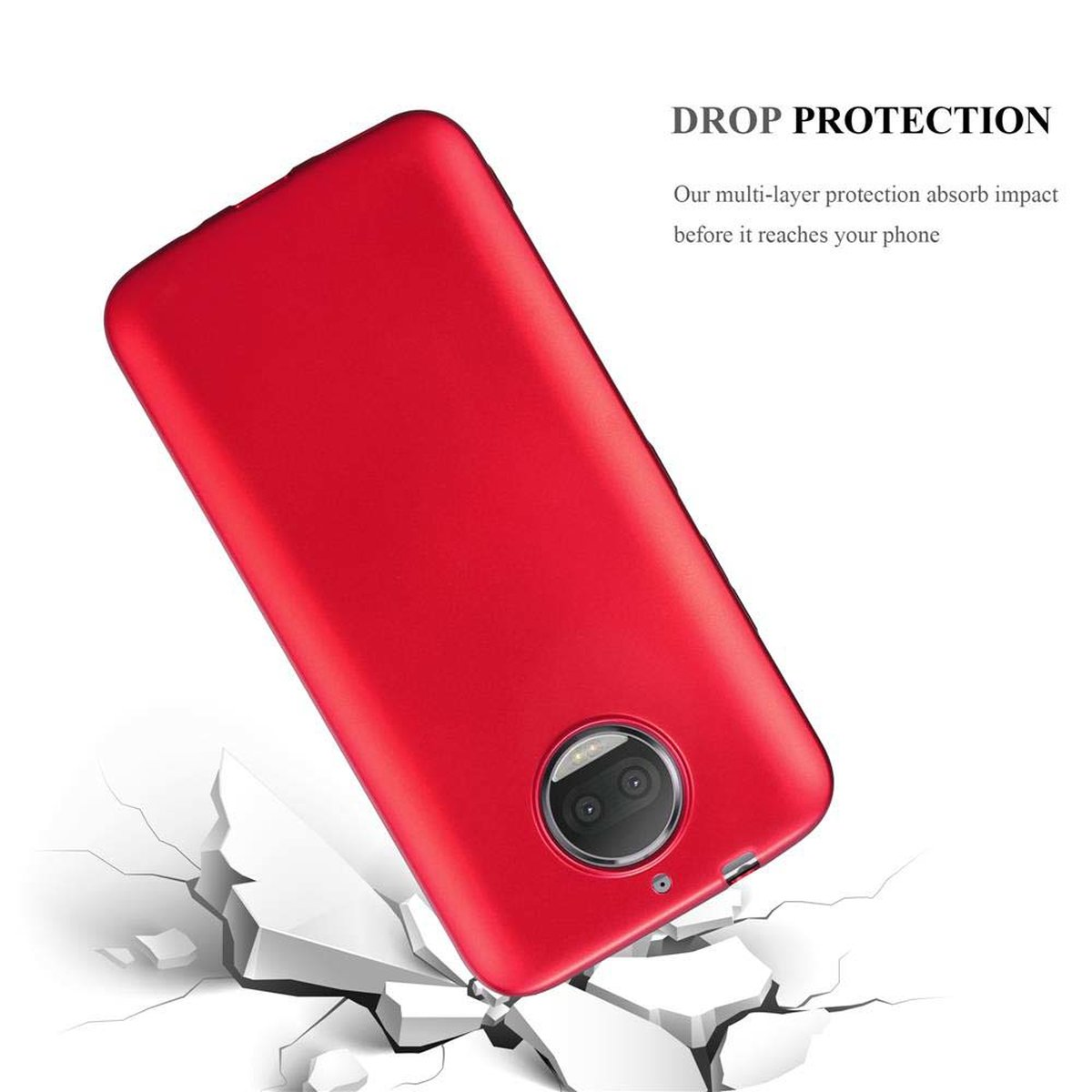 Una custodia rossa per telefono che cade. La custodia è rosso scuro. Lo sfondo mostra crepe, protezione dalle cadute.