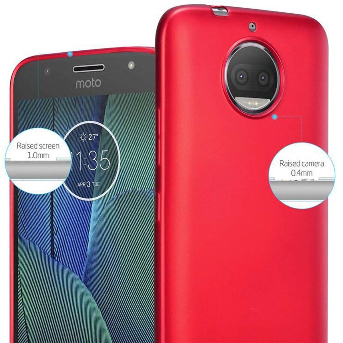 Custodia e telefono rossi con schermo visibile. La custodia protegge schermo e fotocamera.