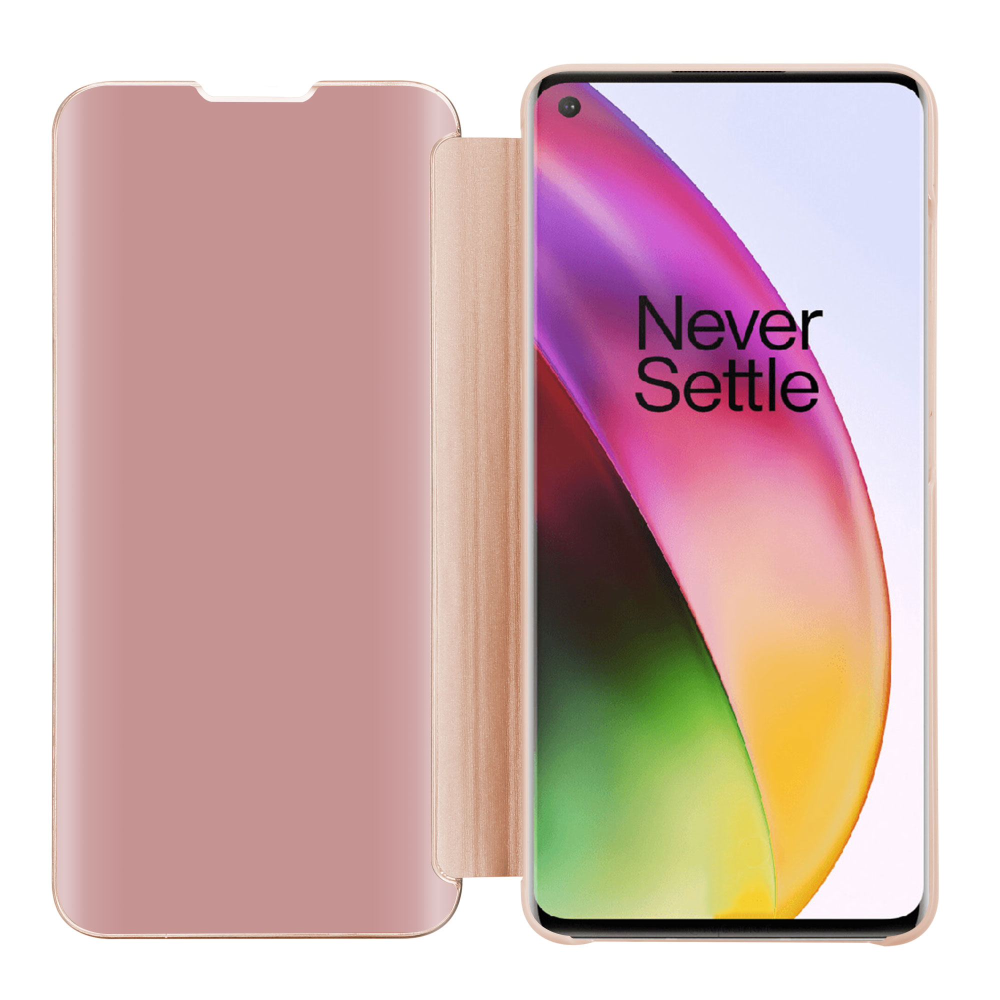 Custodia oro rosa con telefono dentro. Il telefono è aperto, mostrando uno schermo colorato.