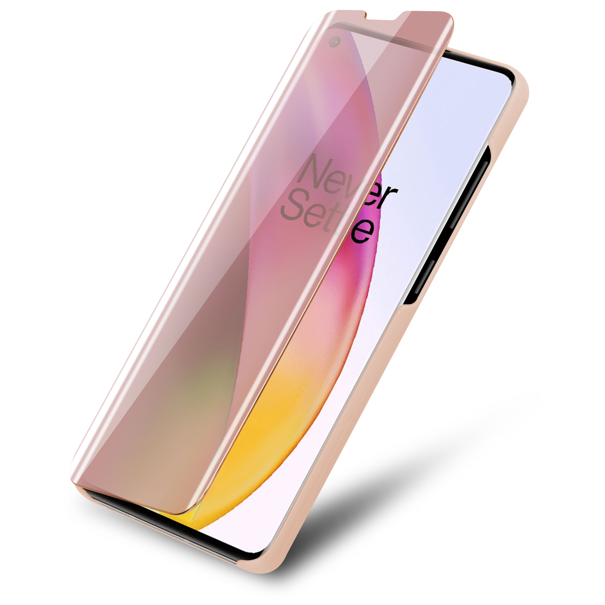 Telefono e protezione schermo. Telefono rosa, protezione in vetro parzialmente sul telefono.