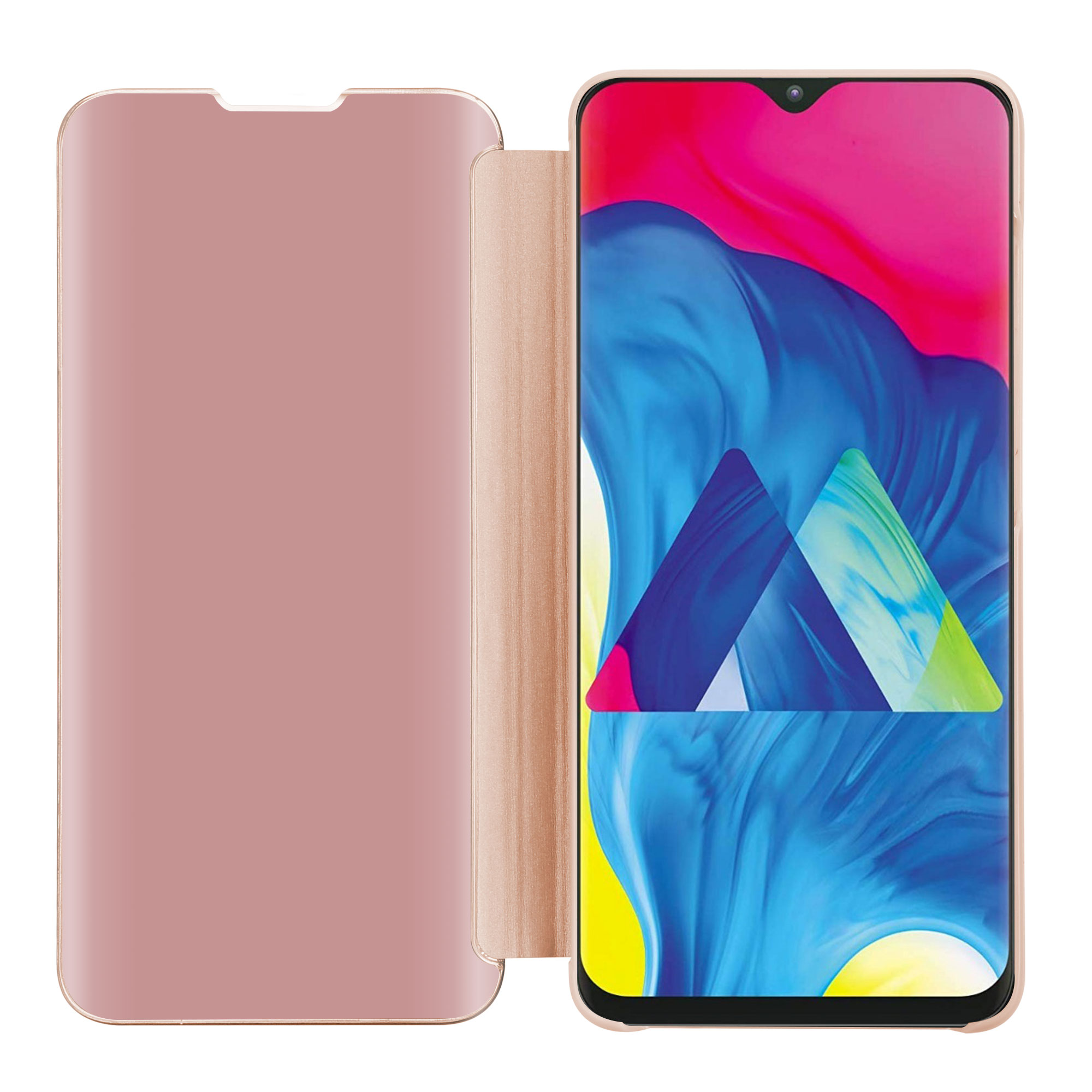 Custodia rosa per telefono aperta, che mostra un telefono con schermo colorato e bordi neri.