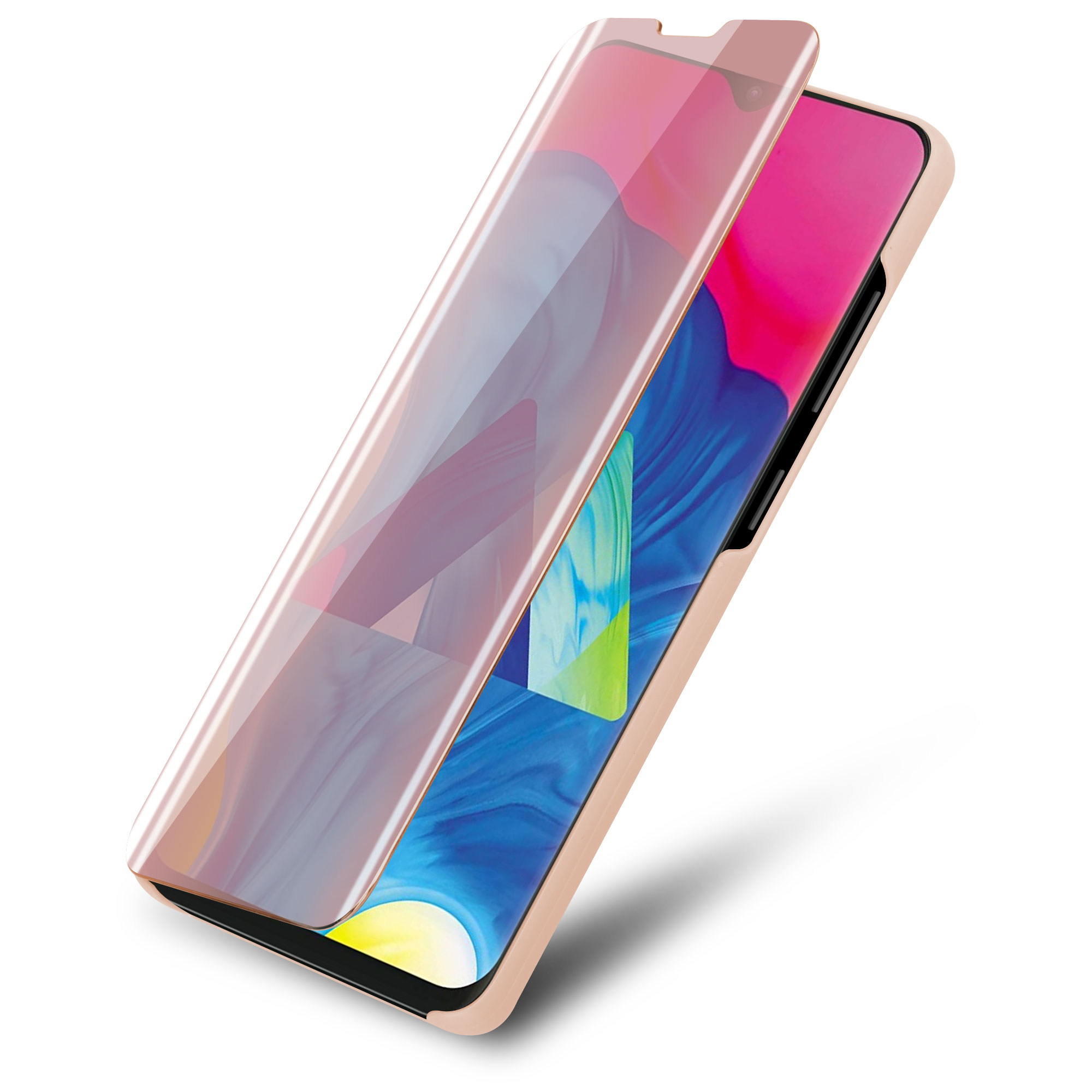 Custodia per telefono oro rosa con protezione schermo su un telefono.