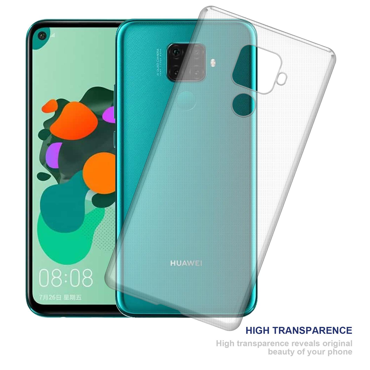 Telefon in klarer Hülle. Türkisblaues Telefon, schwarze Kamera. Transparente Hülle. Weißer Hintergrund.