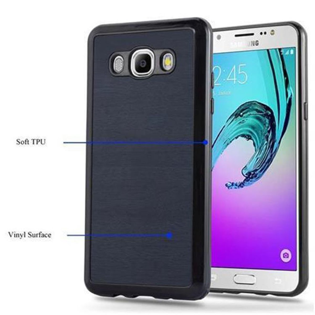 Smartphone in una custodia blu navy, con una descrizione in TPU morbido. Sfondo bianco.