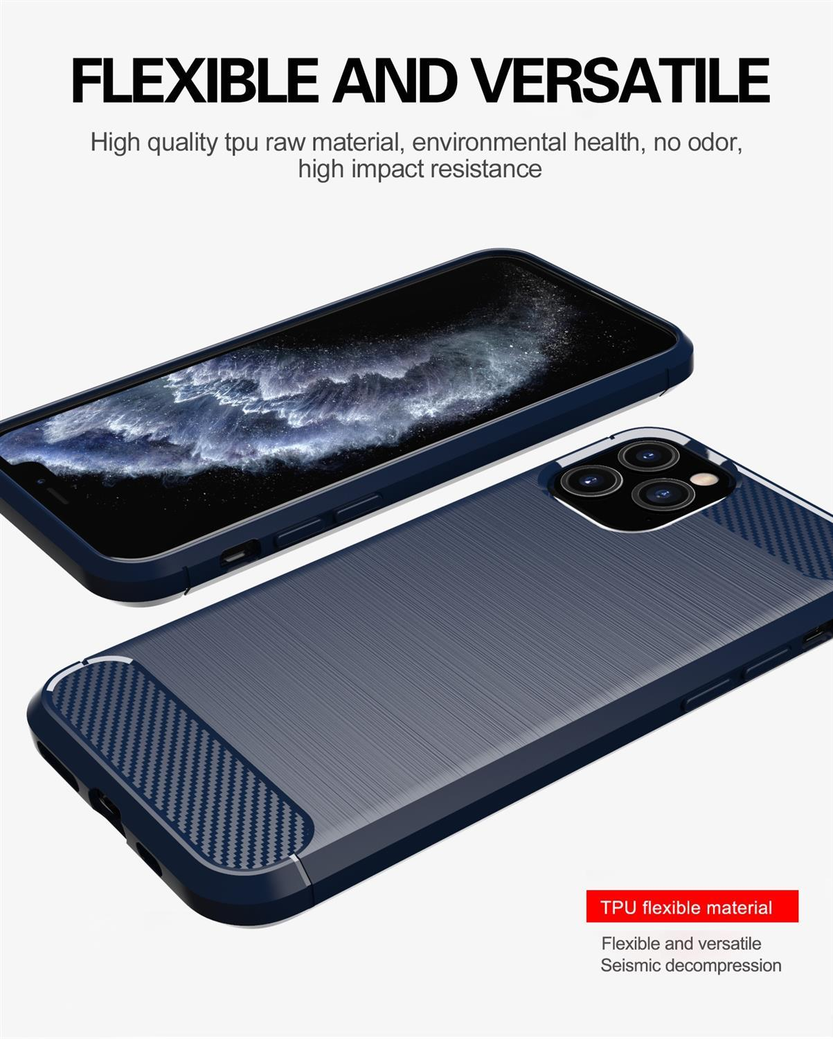 Custodia blu con dettagli in fibra di carbonio. Testo: Flessibile e versatile.