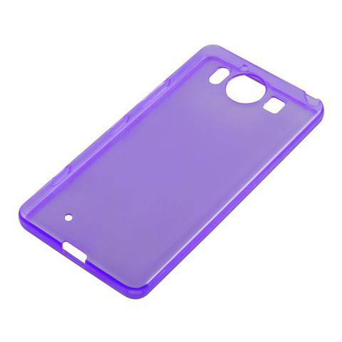 Una custodia per telefono viola vista dall'alto. La custodia ha ritagli per la fotocamera e altre funzioni.