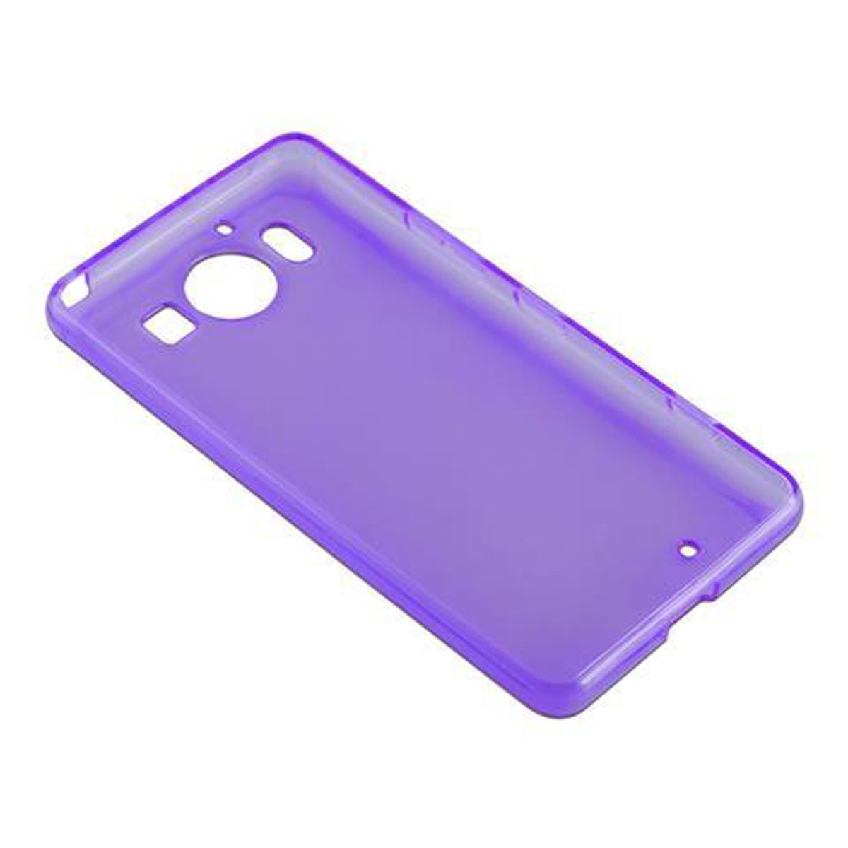 Custodia viola vuota, con fori per fotocamera e pulsanti, su superficie bianca.