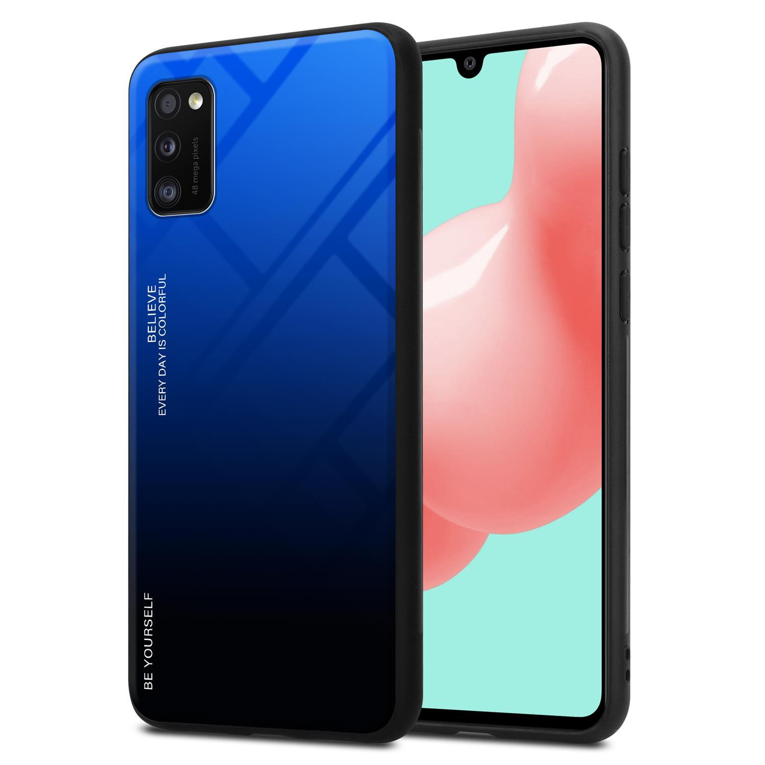 Blau-schwarze Handyhülle, die einen pink-weißen Handybildschirm bedeckt.