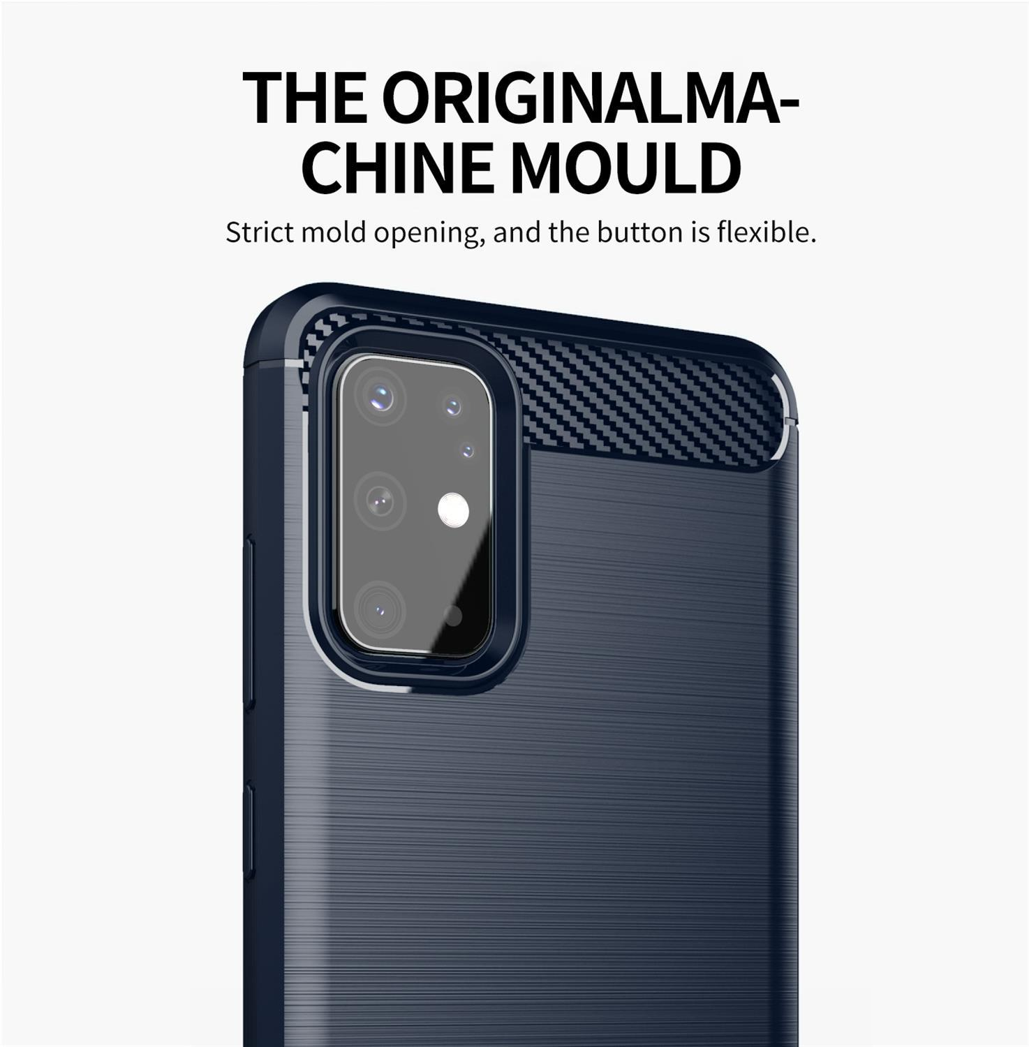 Primo piano di una custodia per telefono. Ha una superficie blu scuro, strutturata, con un ritaglio per la fotocamera e testo in alto.