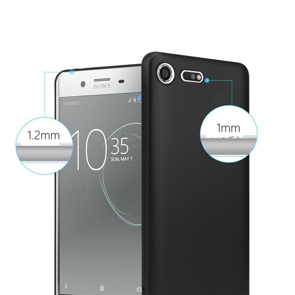 Un telefono nero e una custodia nera con misure di 1,2 mm e 1 mm.