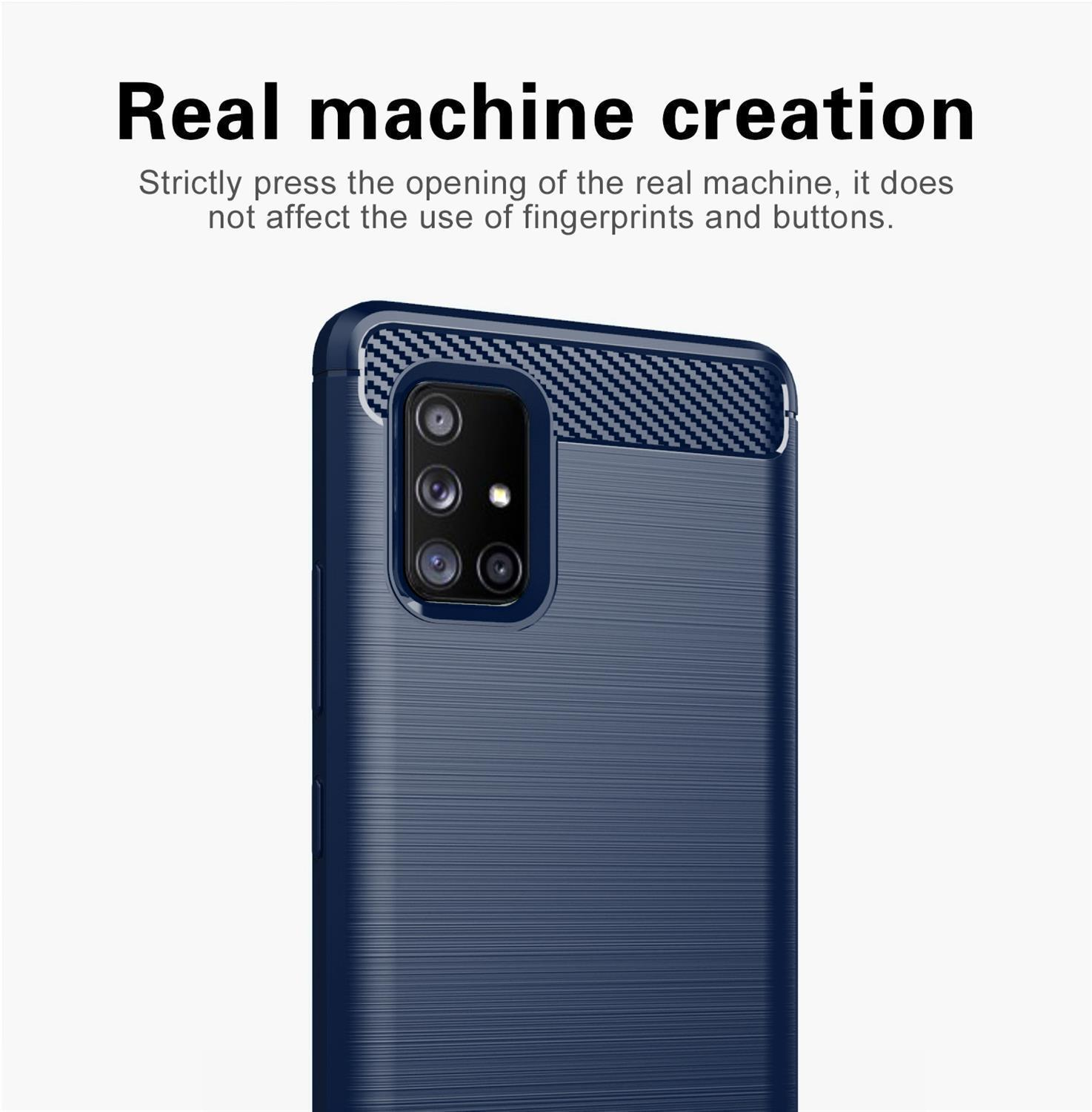 Una custodia per telefono blu, primo piano. La custodia ha un design strutturato.