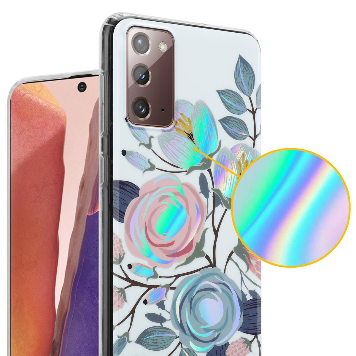 Una custodia per telefono con un design floreale, che mostra un telefono e un cerchio di colore ingrandito su bianco.