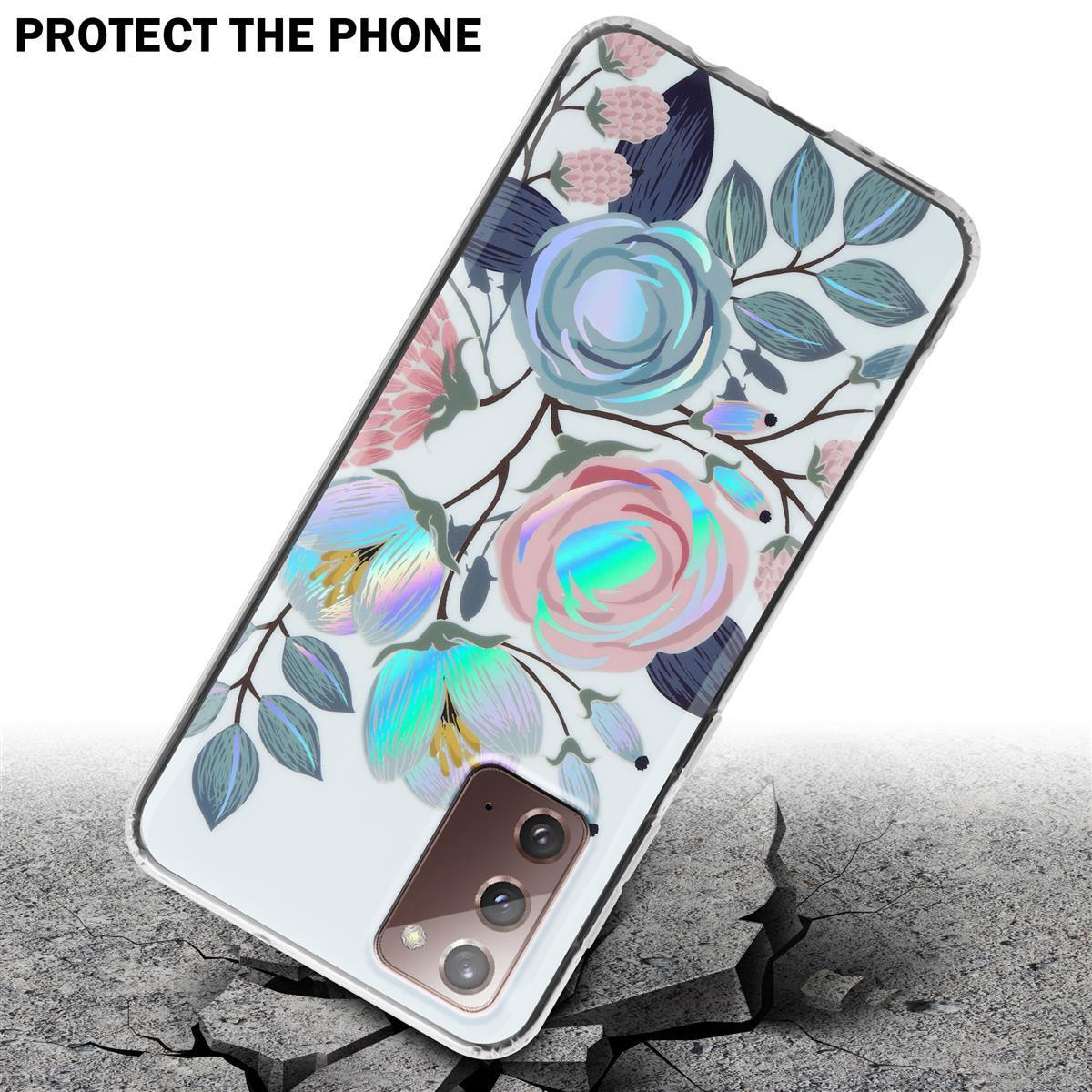 Custodia per telefono con design floreale. La custodia è su una superficie crepata.