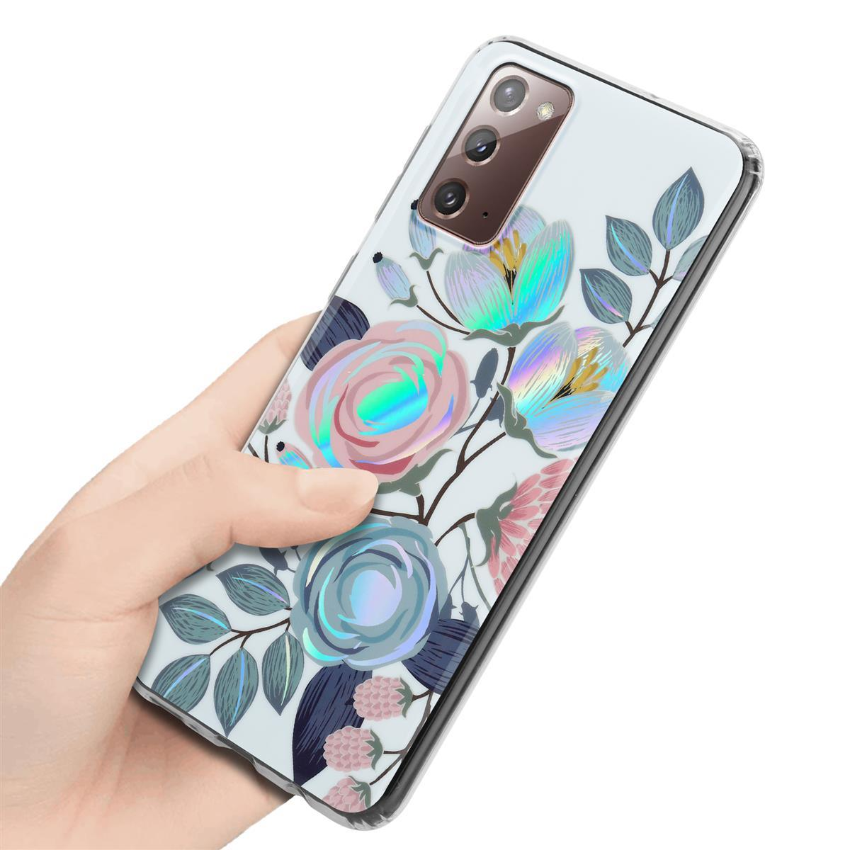 Una mano che tiene una custodia per telefono con un design floreale colorato. La custodia copre il retro.