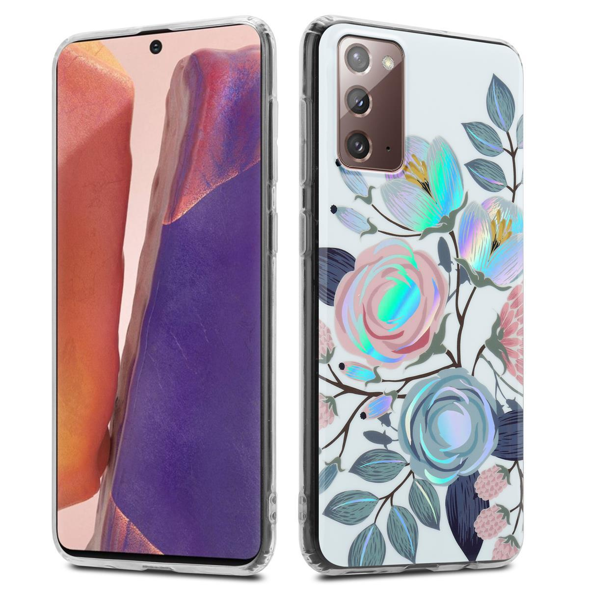 Custodia per telefono con design floreale. Il telefono è a sinistra. La custodia mostra fiori rosa, blu e bianchi su sfondo chiaro.