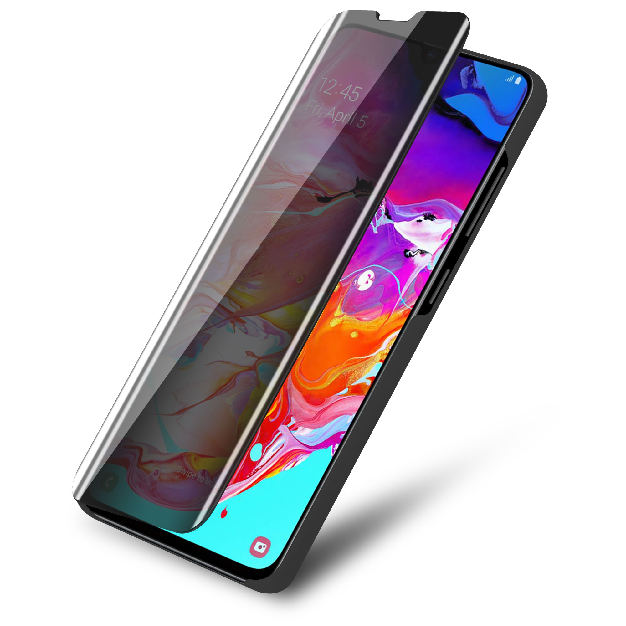 Ein Telefon in einer schwarzen Hülle mit Displayschutzfolie, offen.