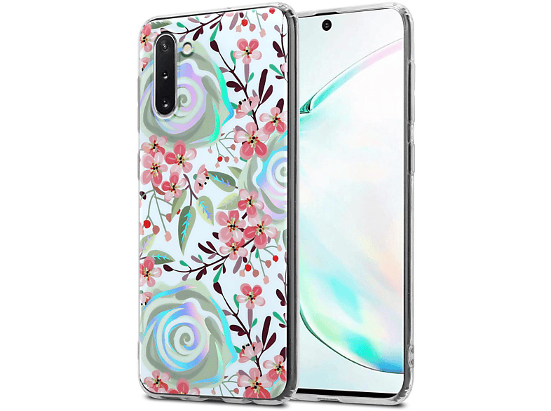 Blätter, PFIRSICHBLÜTEN Hülle Galaxy CADORABO Samsung, TPU IMD Blumen NOTE & 10, Backcover, Bunte