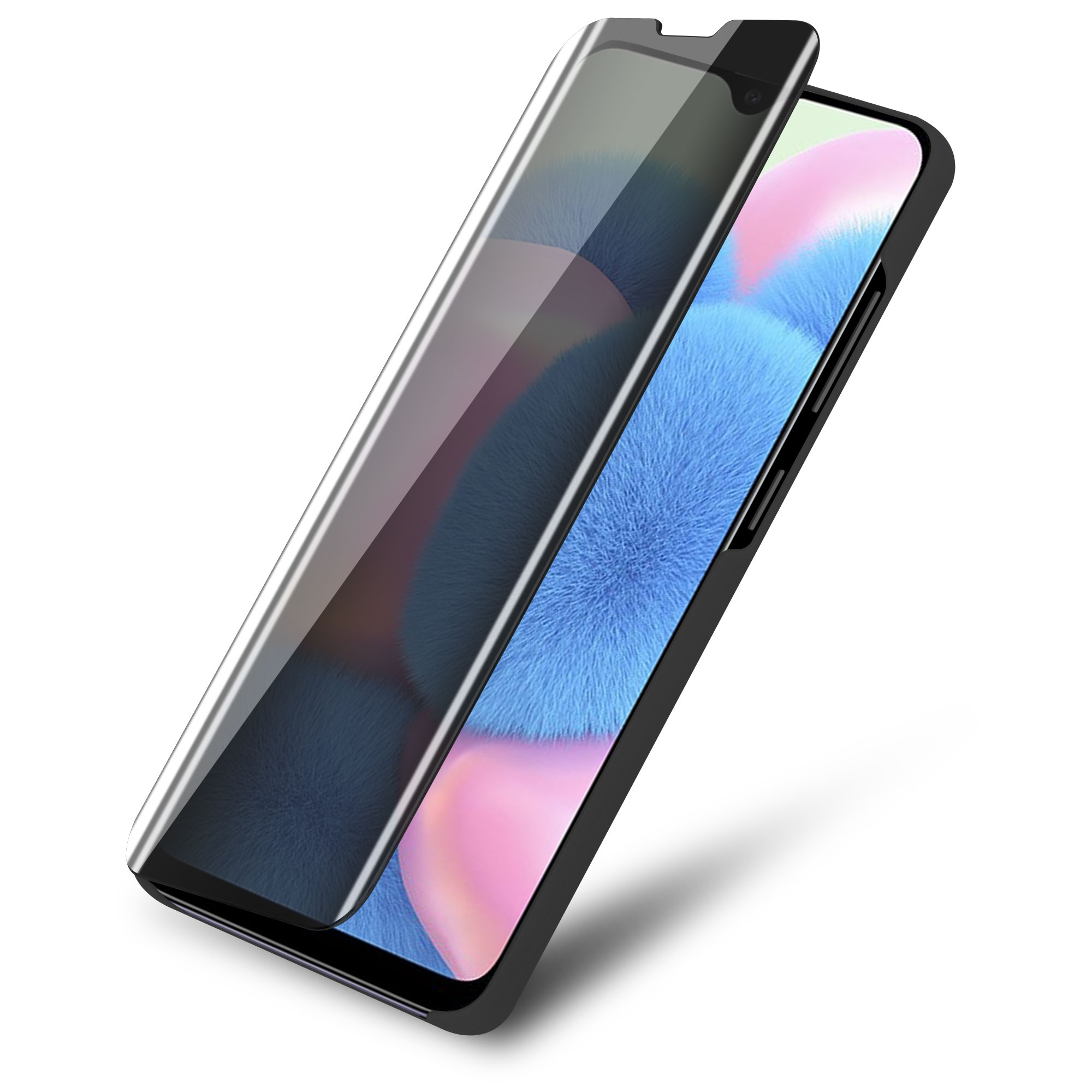 Smartphone con protezione schermo parzialmente applicata. La protezione è scura, il telefono ha sfondo blu.