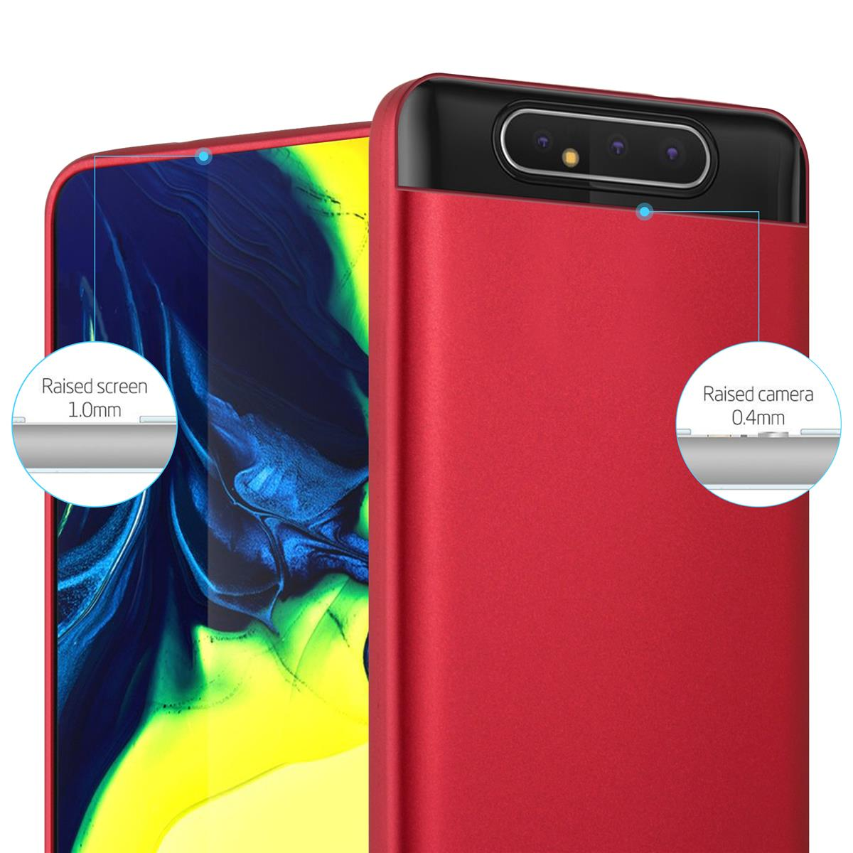 Custodia rossa, che mostra i bordi rialzati per la protezione dello schermo e della fotocamera.