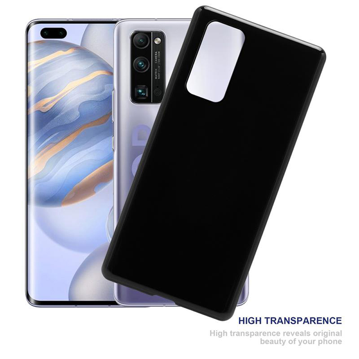 Eine schwarze Handyhülle mit einem Telefon darin. Text: Hohe Transparenz.