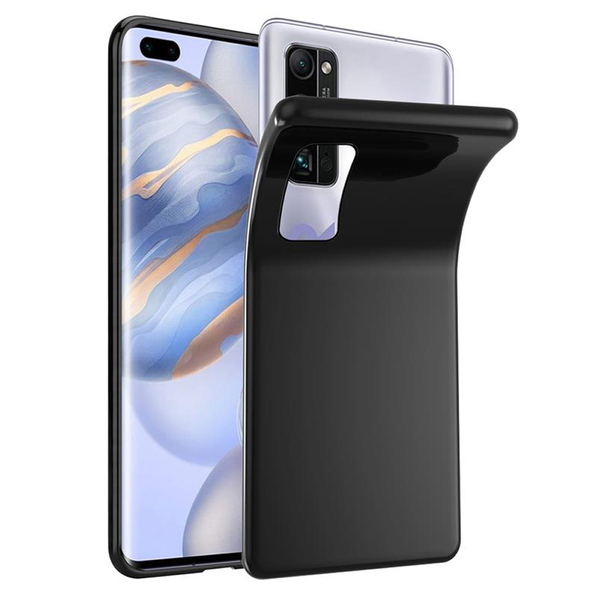 Schwarze Handyhülle auf einem Telefon. Die Hülle ist leicht gebogen. Ein weiteres Telefon im Hintergrund.