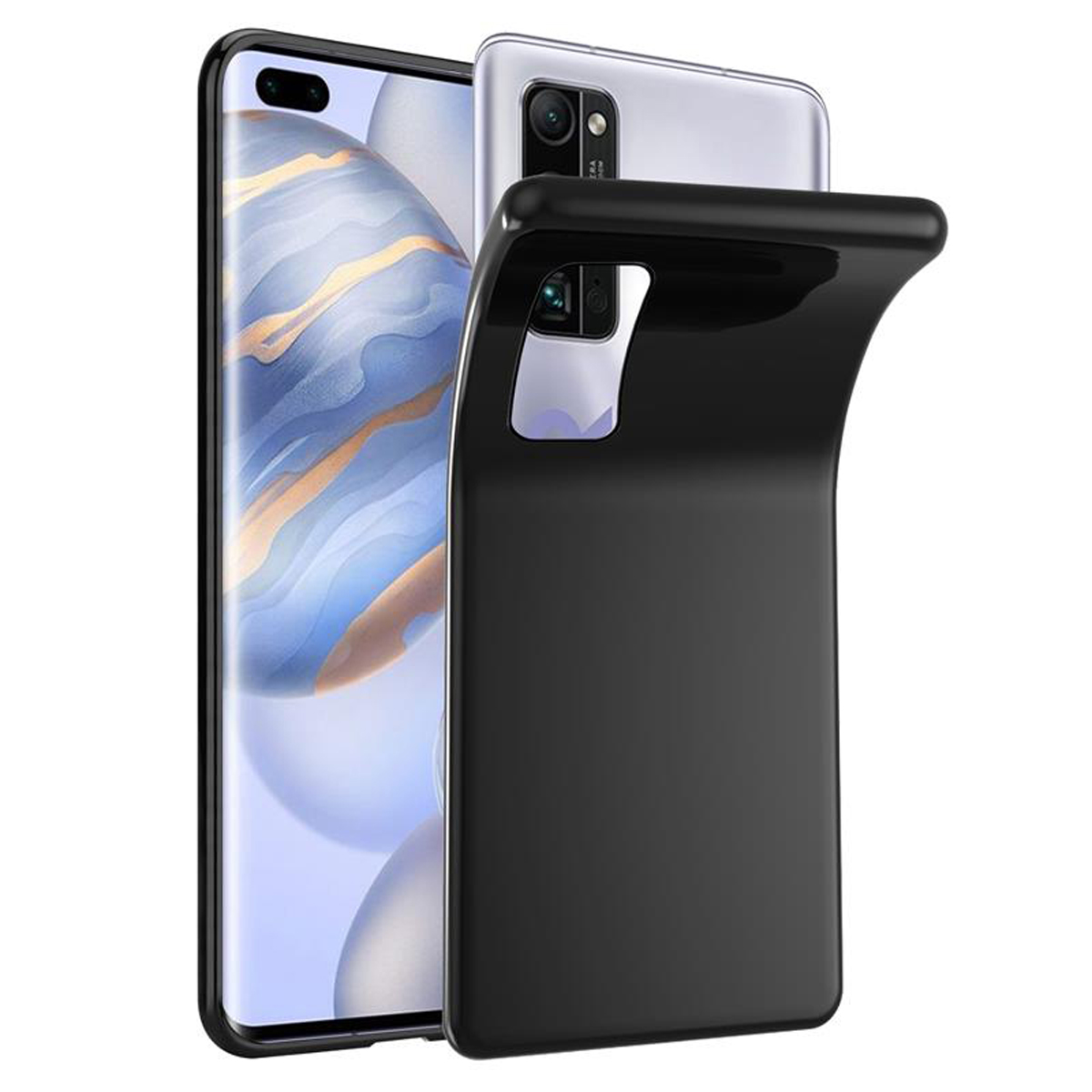 Schwarze Handyhülle mit Telefon, Rückseite sichtbar.